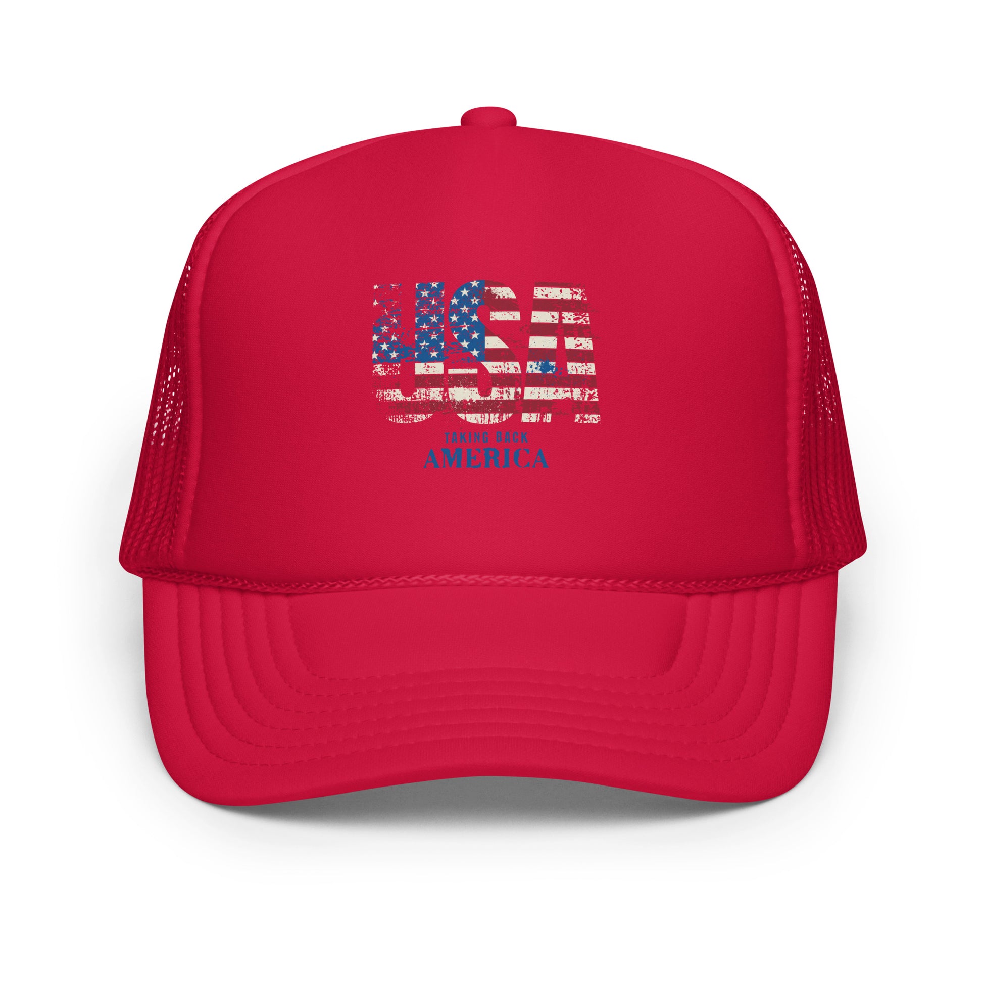 Red trucker hat with 'Make America' text and American flag design on a white background