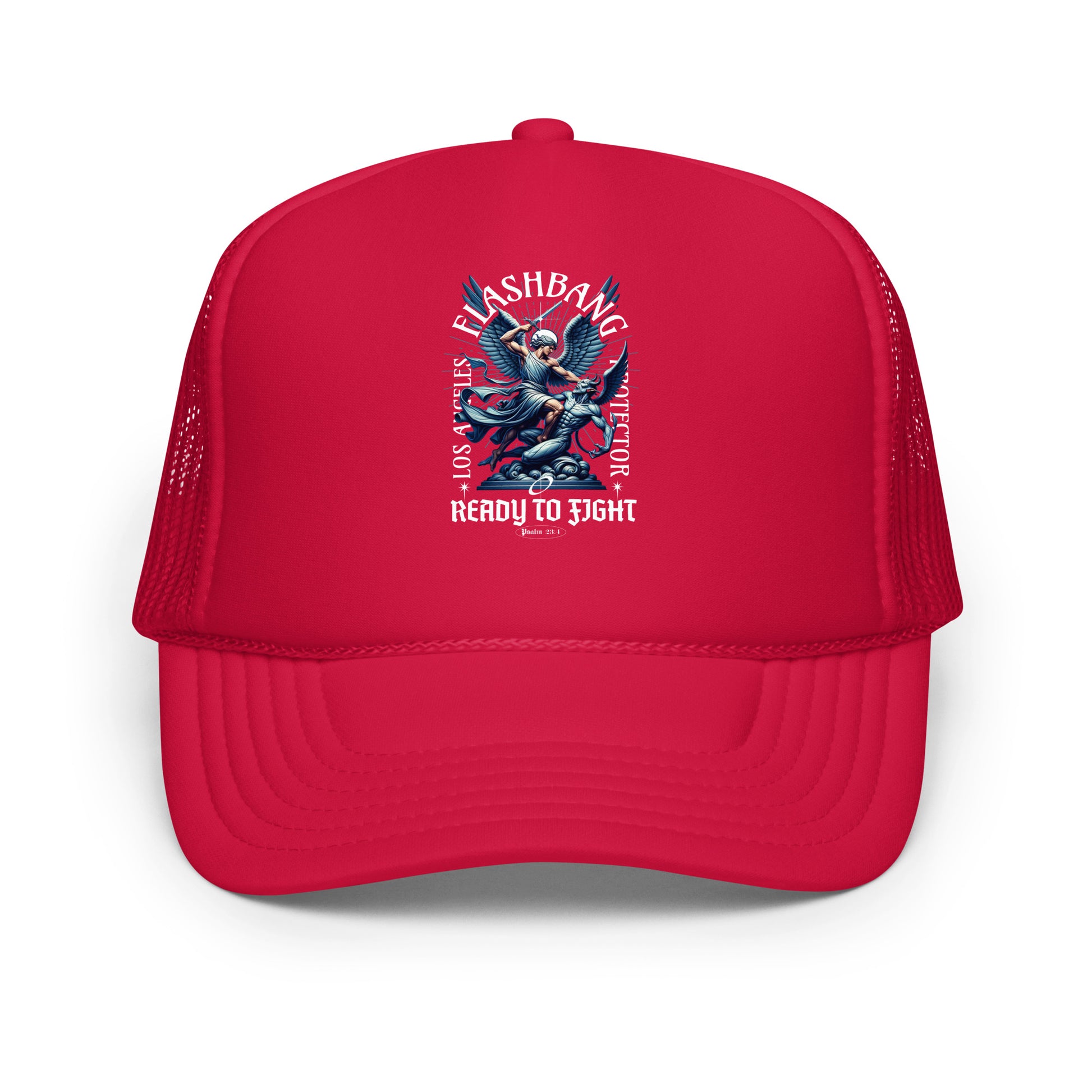 Red trucker hat with graphic design and text on a white background