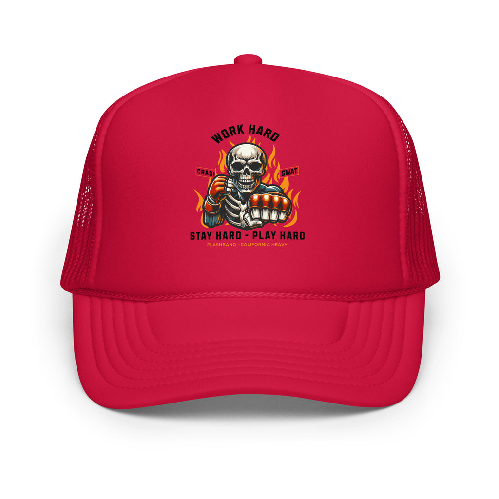 Red trucker hat with a graphic design of a skeleton holding flames and text on a white background.