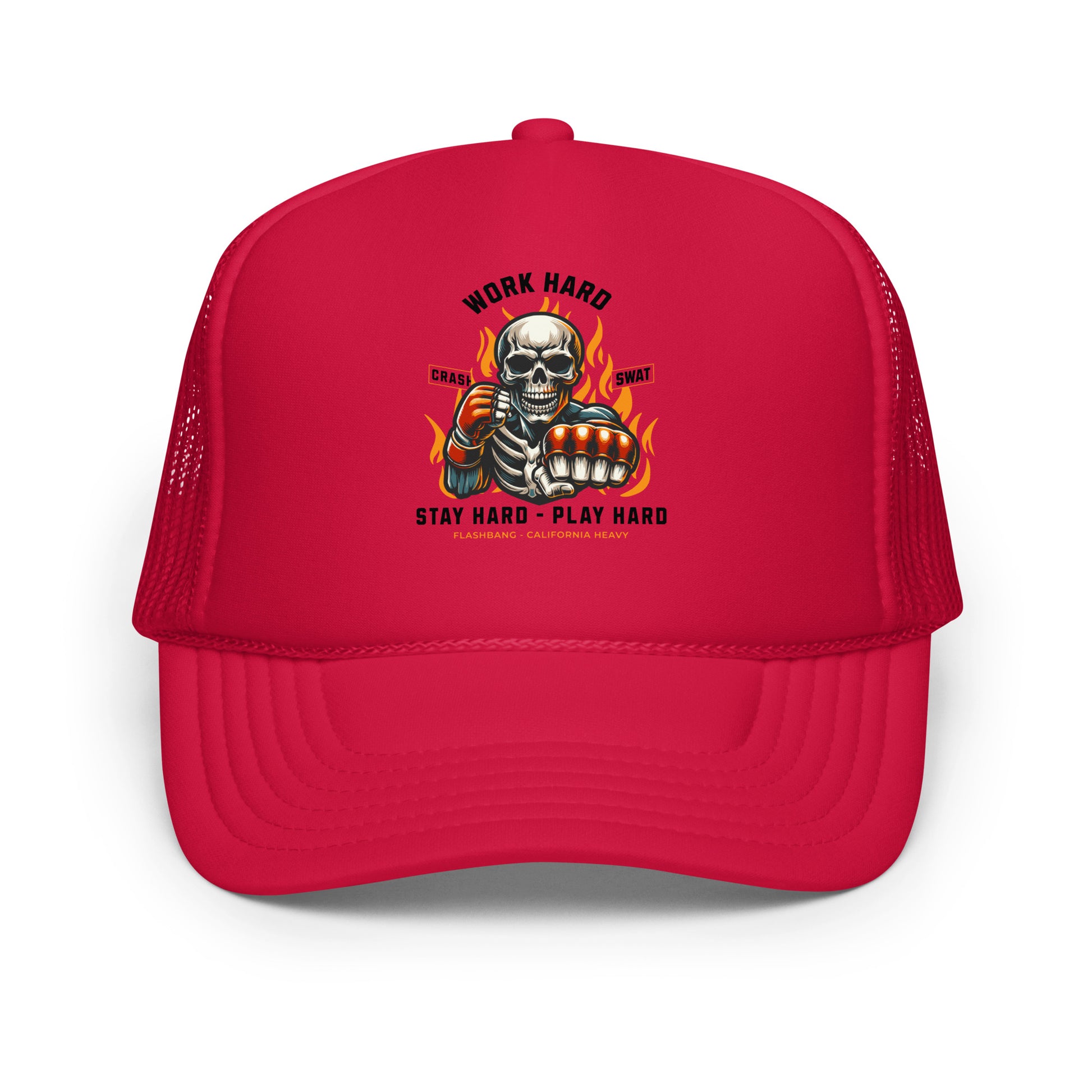 Red trucker hat with a graphic design of a skeleton holding flames and text on a white background.