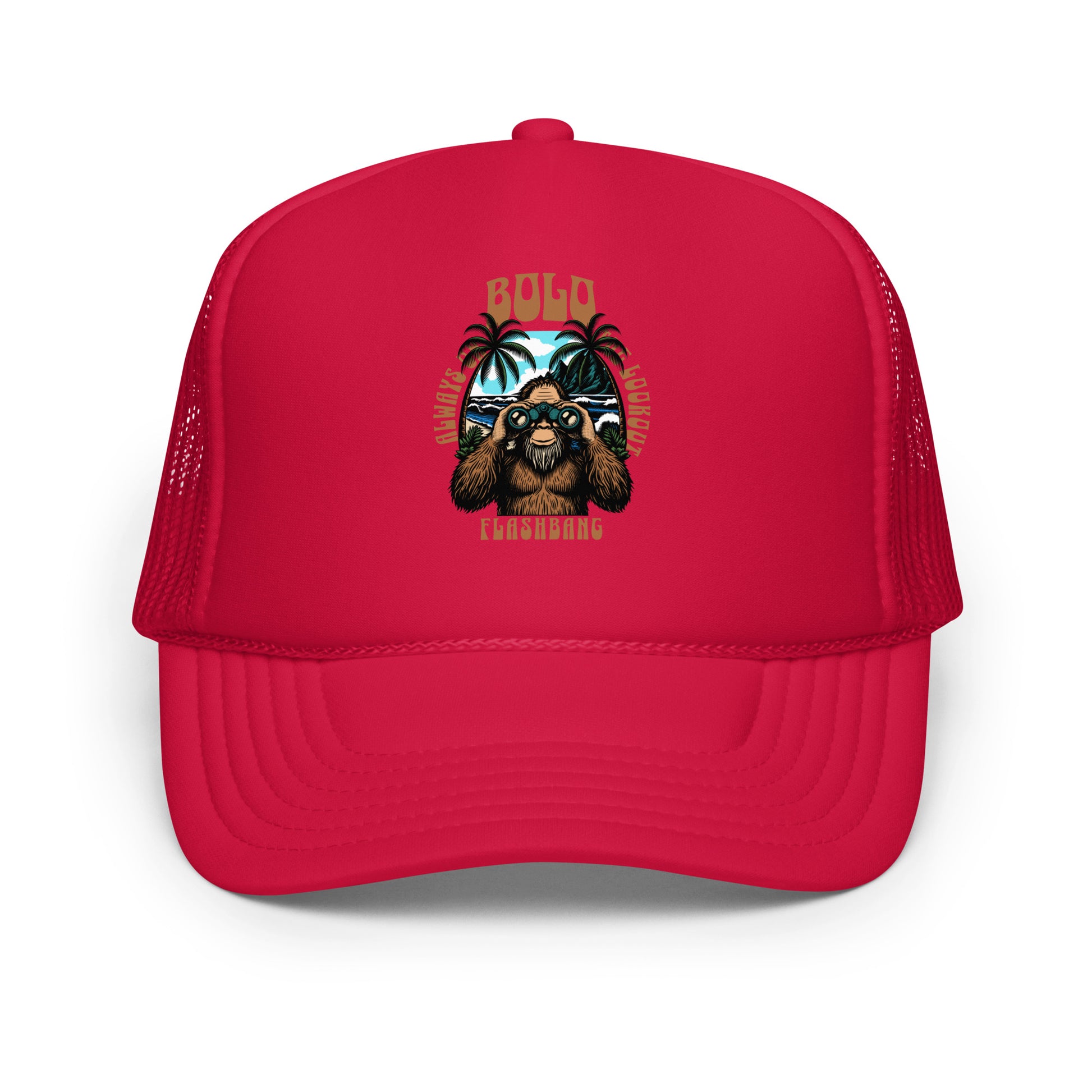 Red trucker hat with a graphic of a dog wearing sunglasses and palm trees on a white background