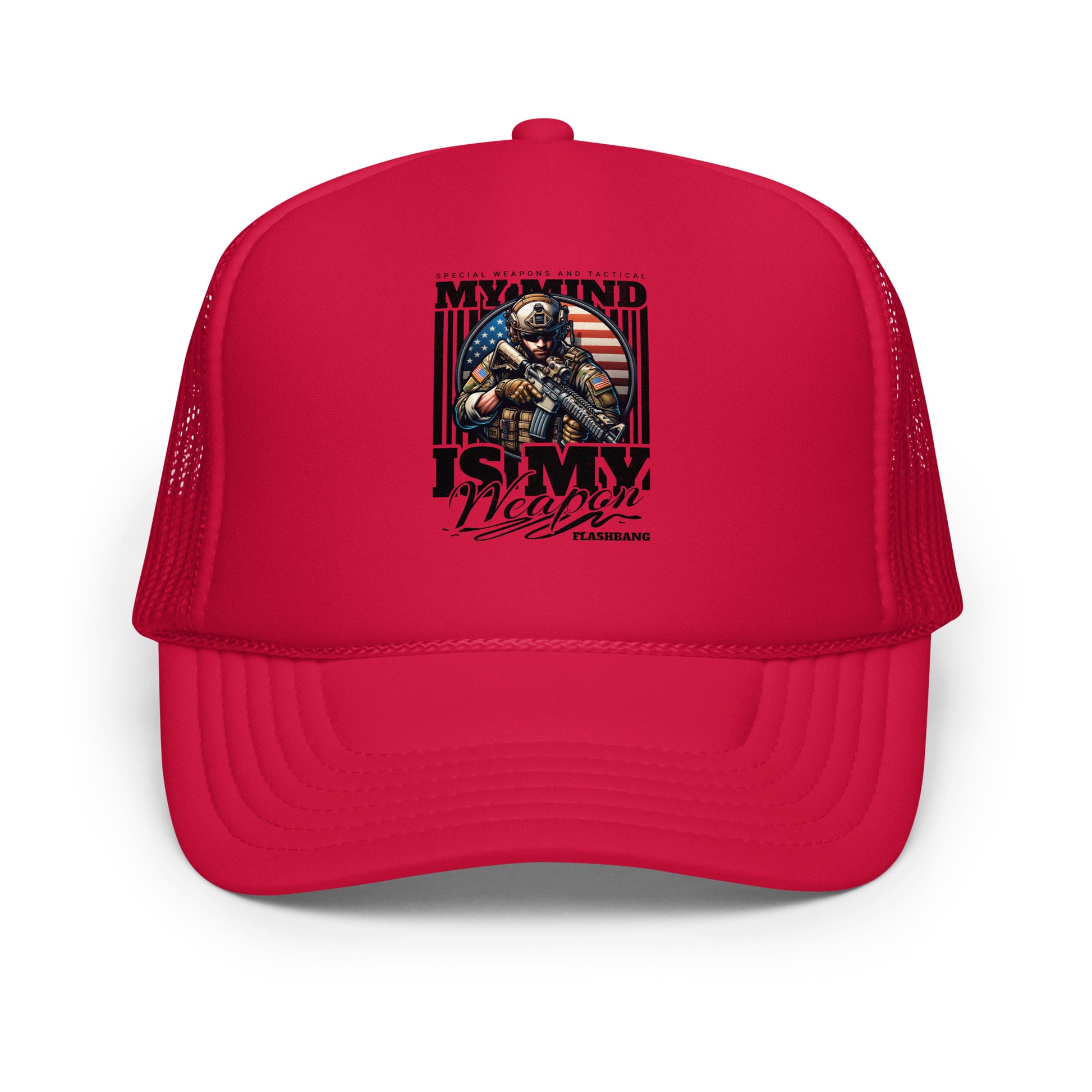 Red trucker hat with graphic design and text on a white background