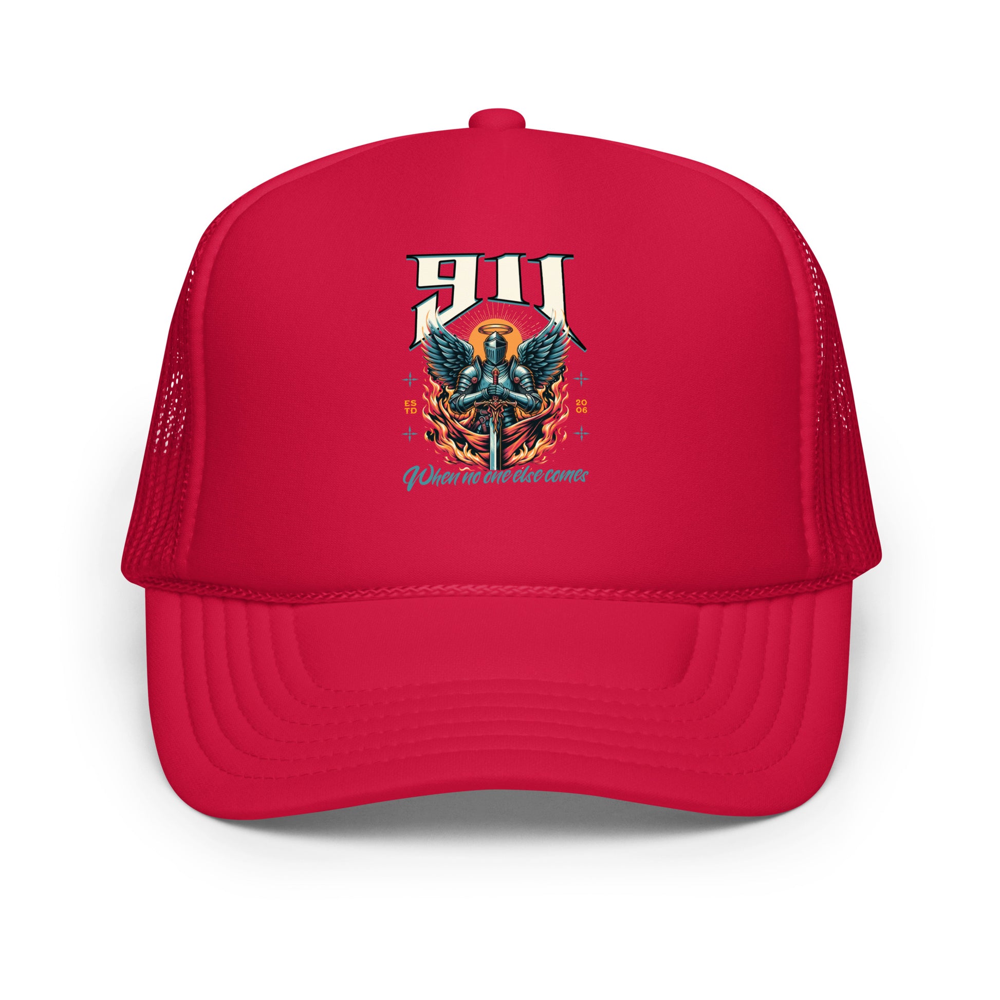 Red trucker hat with a graphic design on a white background