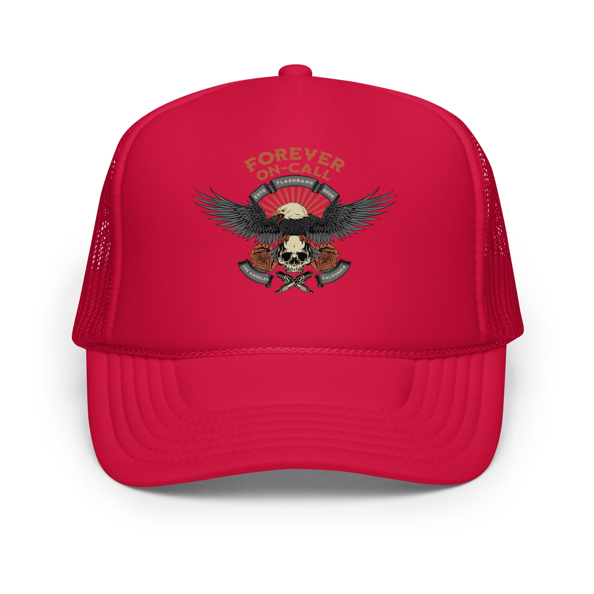 Red trucker hat with an eagle and skull design on a white background