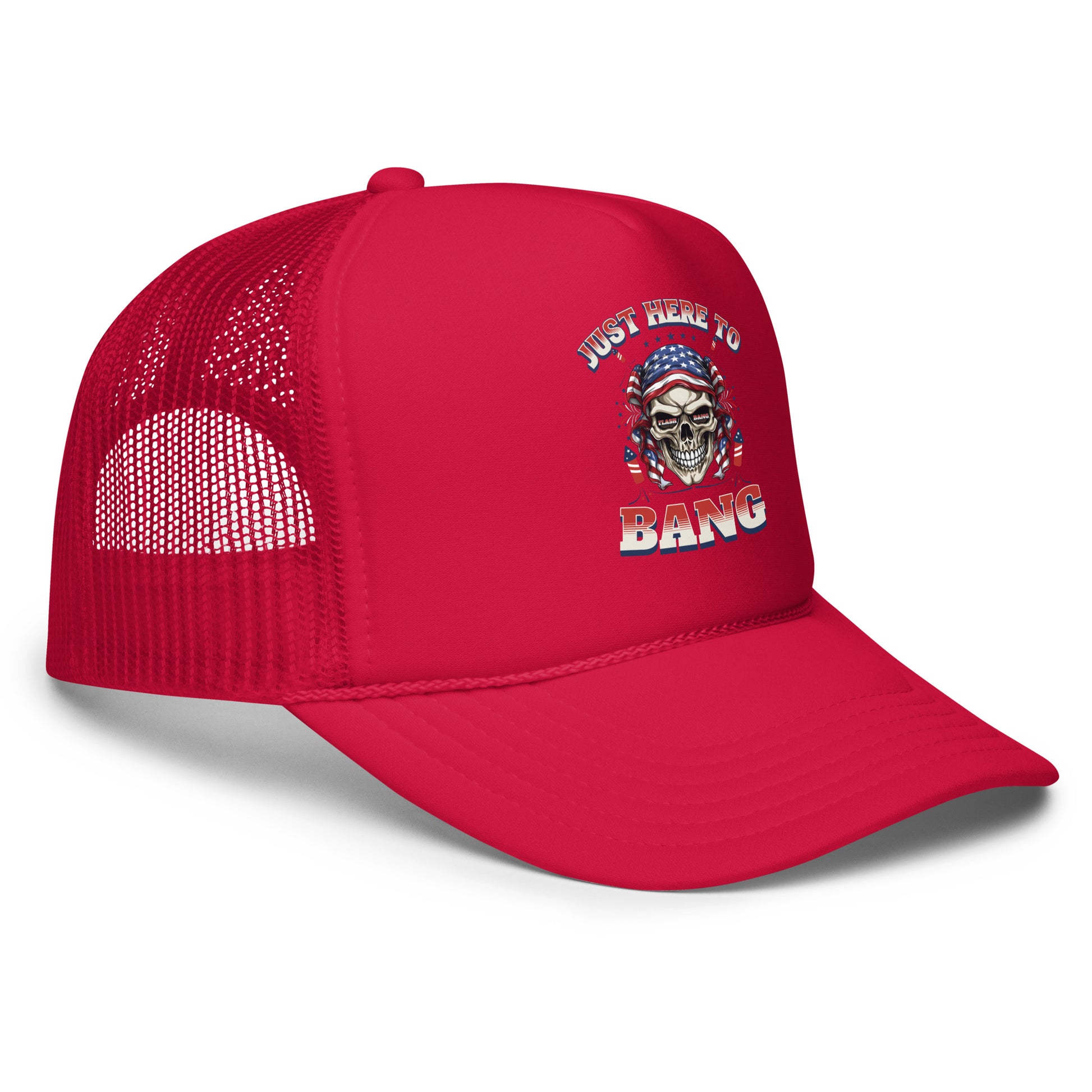 Red trucker cap with skull design and text on a white background