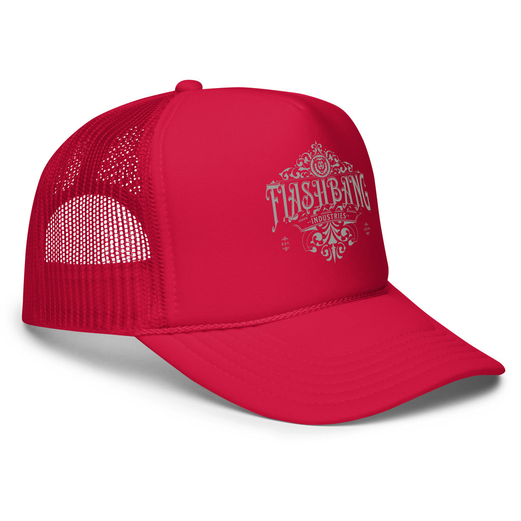 Red mesh cap with white text on a white background