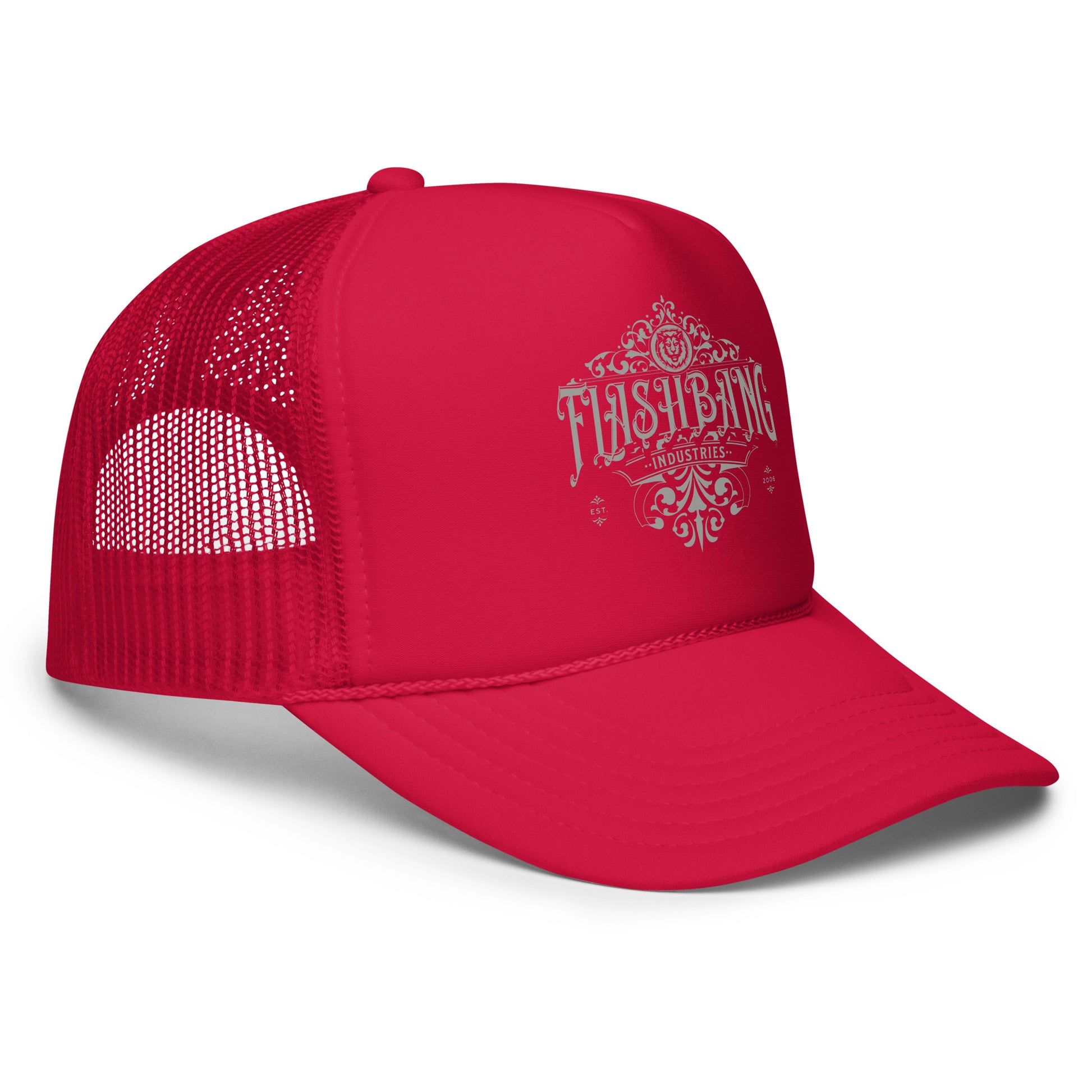 Red mesh cap with white text on a white background