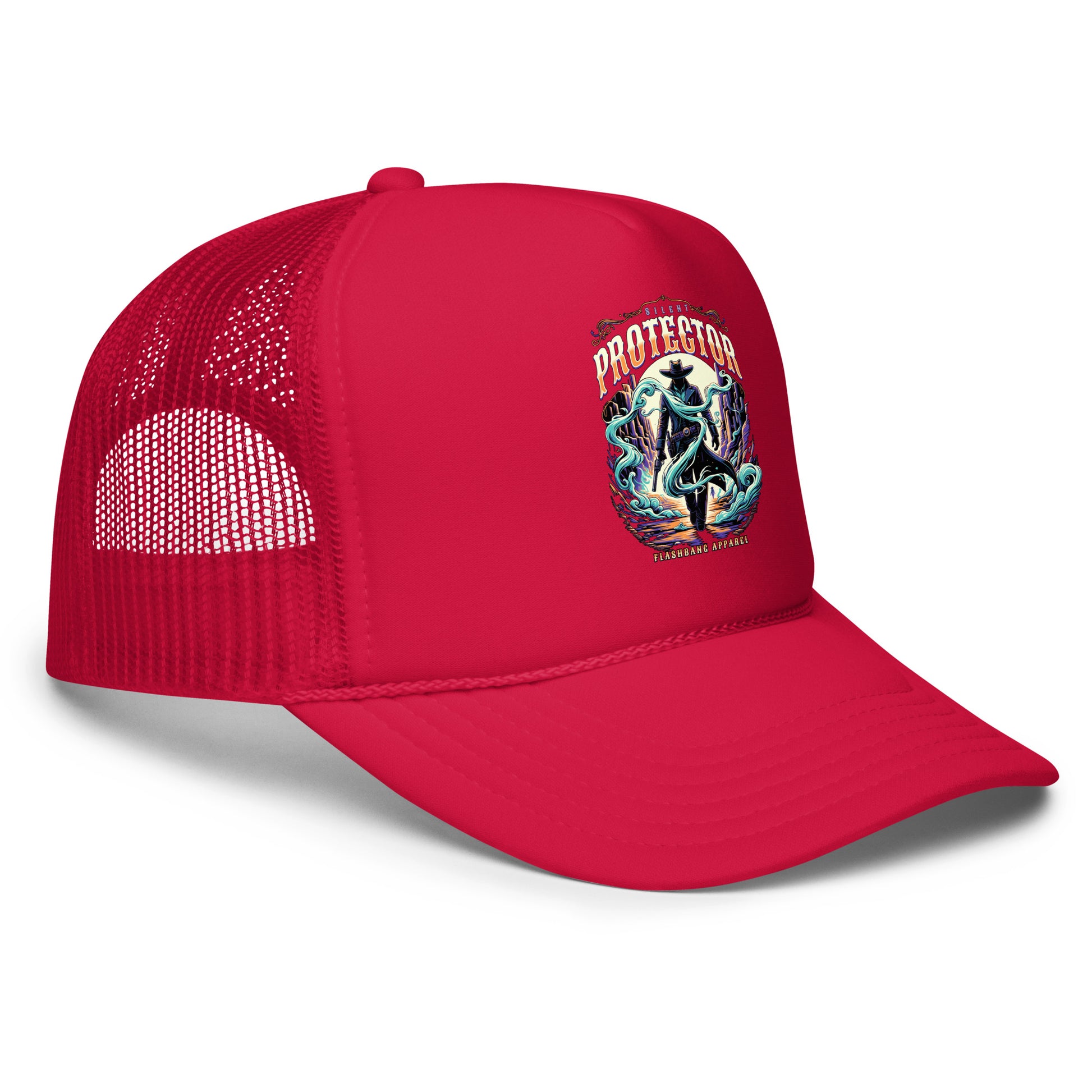 Red trucker cap with a colorful graphic and text on a white background