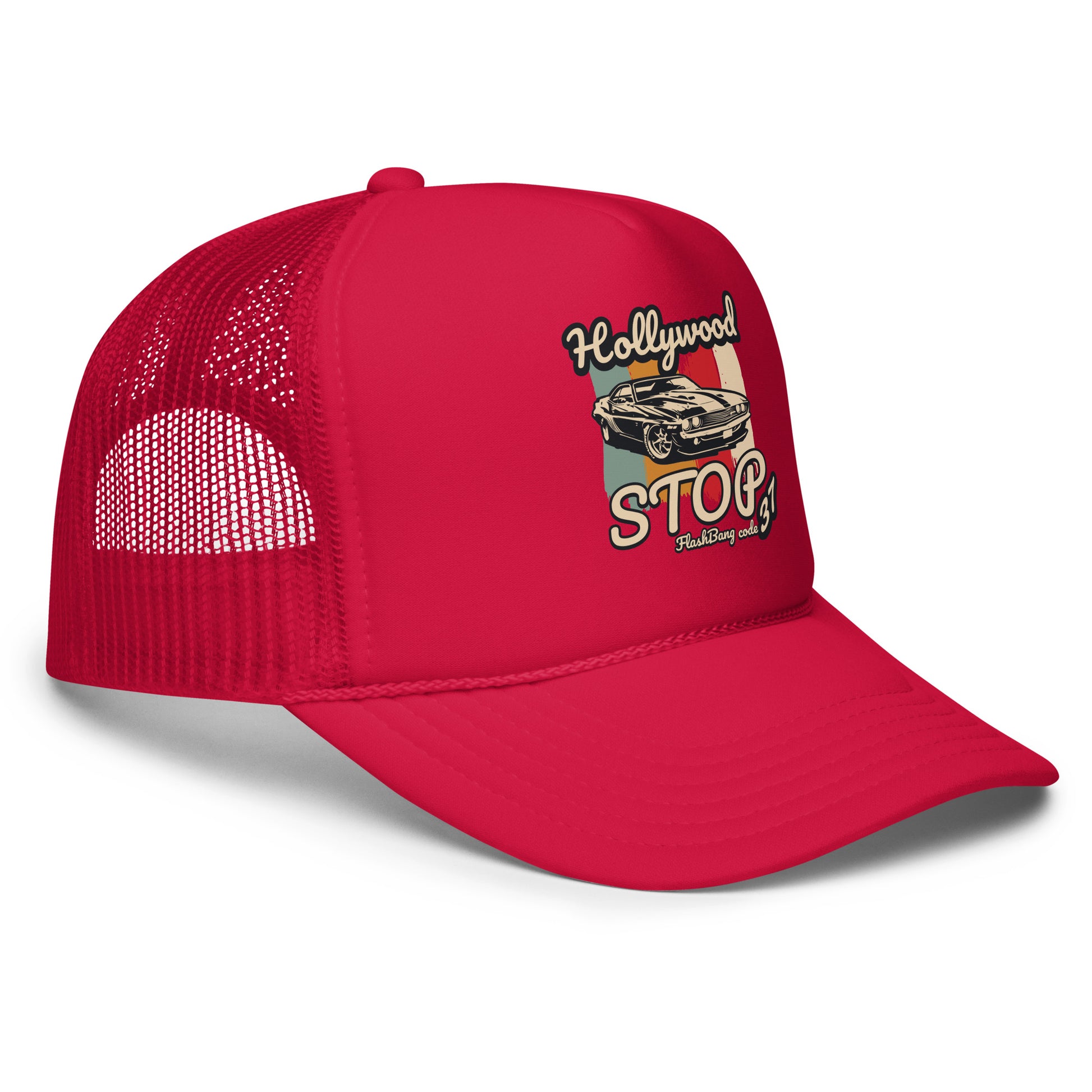 Red trucker hat with 'Hollywood Stoo' graphic on a white background