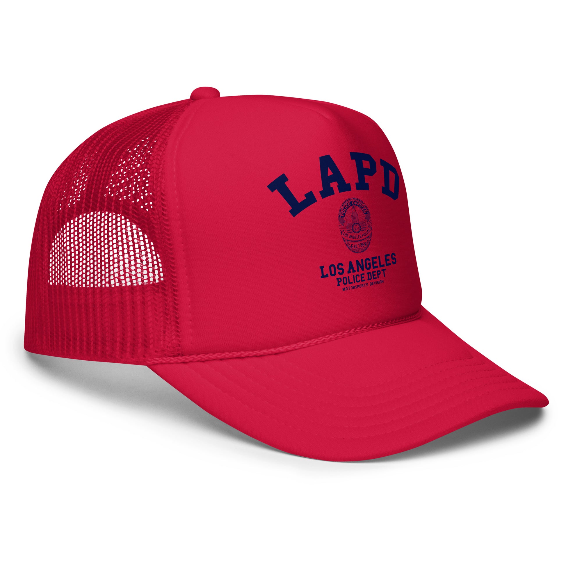 Red cap with 'LAPD' and 'Los Angeles Police Dept' text on a white background