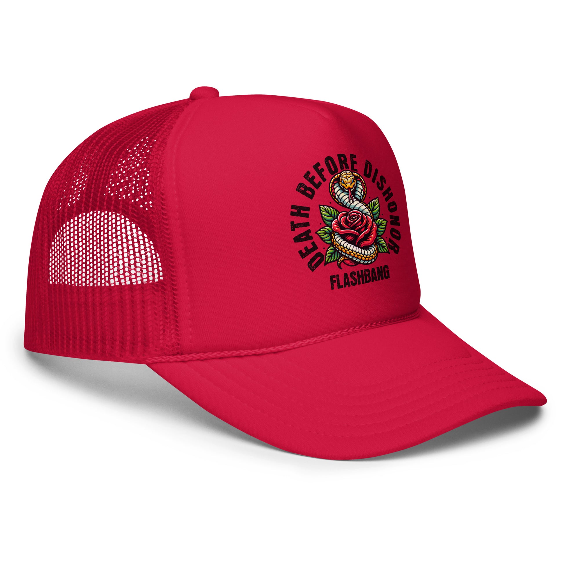 Red trucker cap with embroidered design on a white background