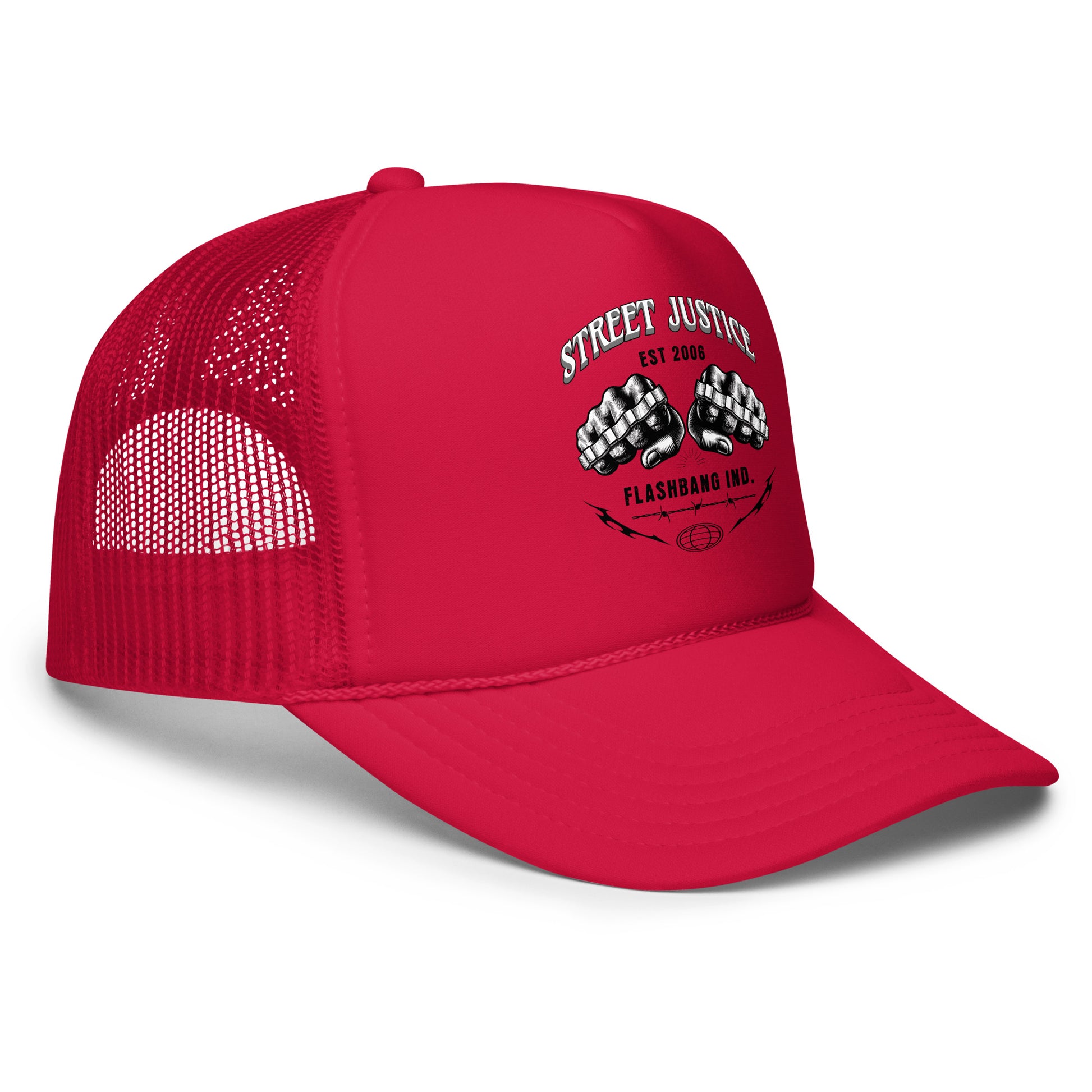 Red mesh cap with 'Street Justice' and 'Flashhand Inc.' text on a white background