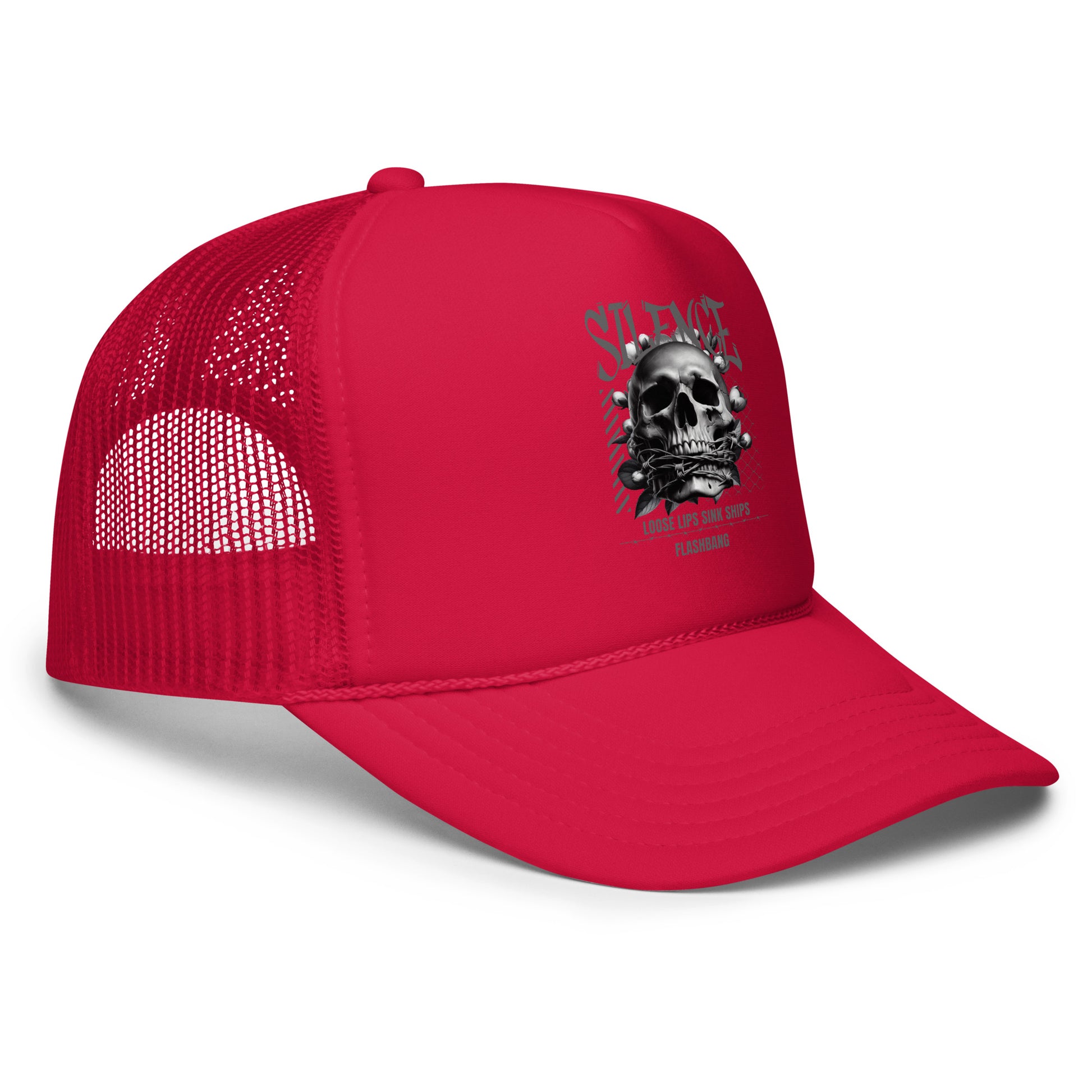 Red trucker cap with a skull design on a white background