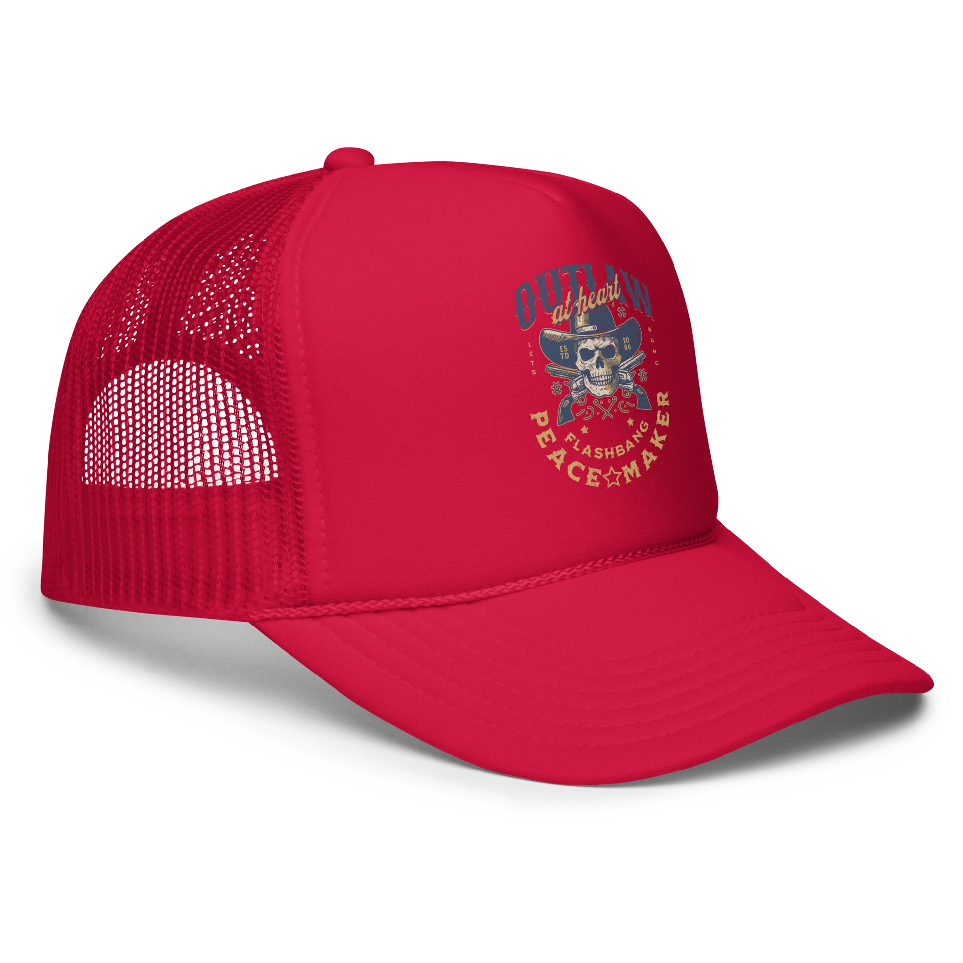 Red trucker cap with graphic design on a white background