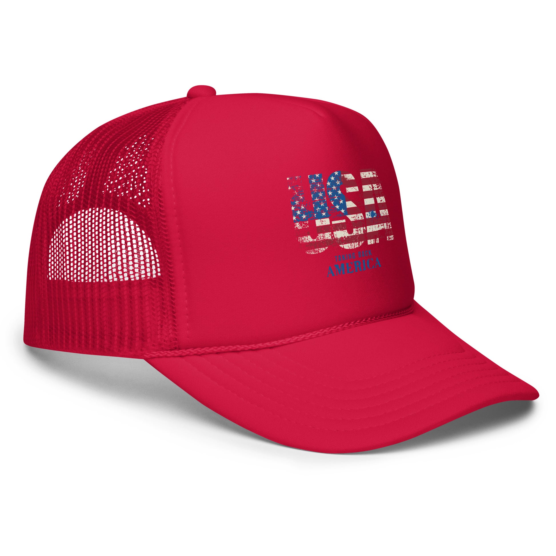 Red mesh cap with American flag design on a white background