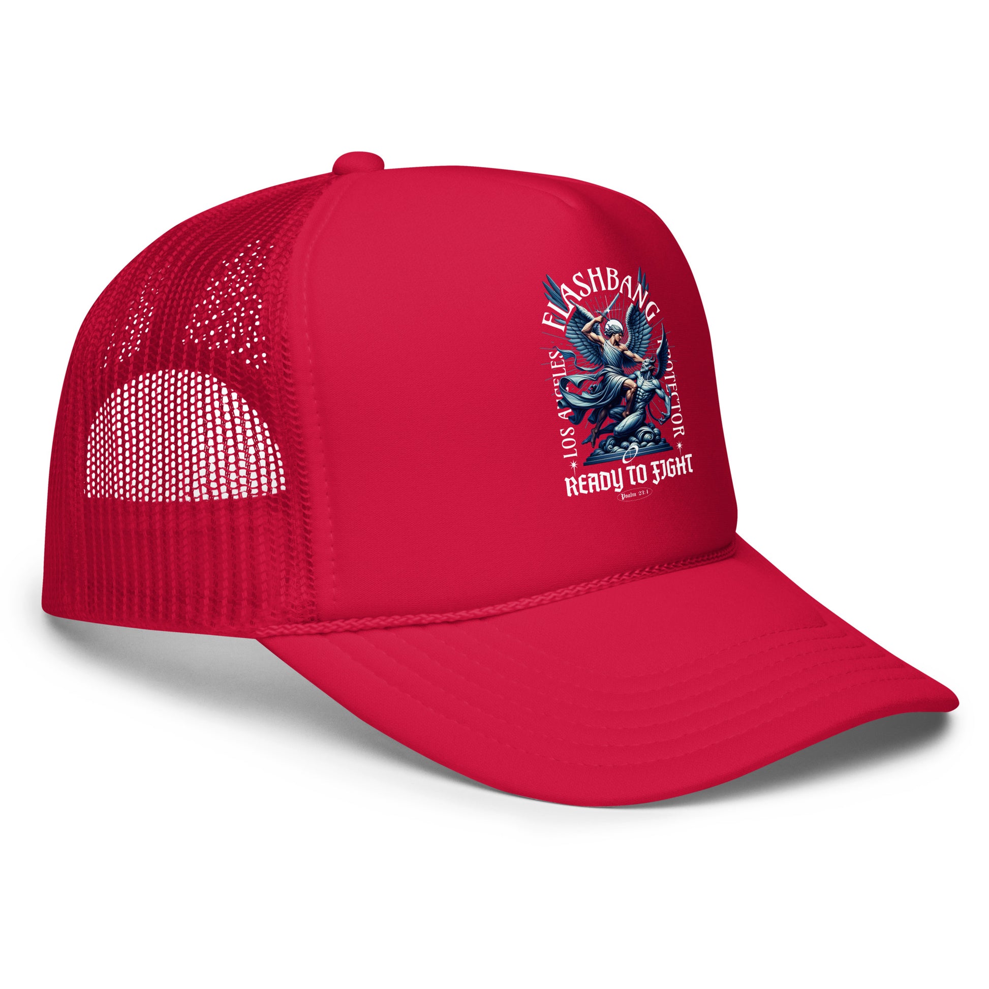 Red mesh cap with graphic design on a white background