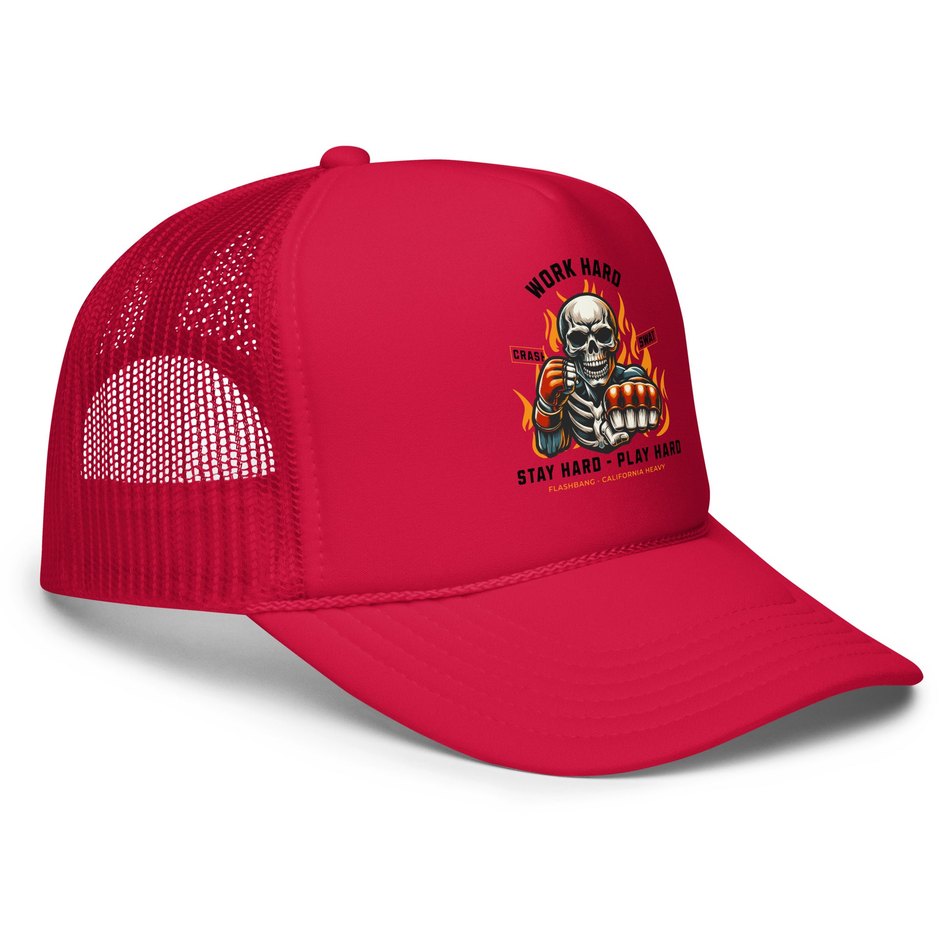 Red trucker cap with a graphic design on a white background