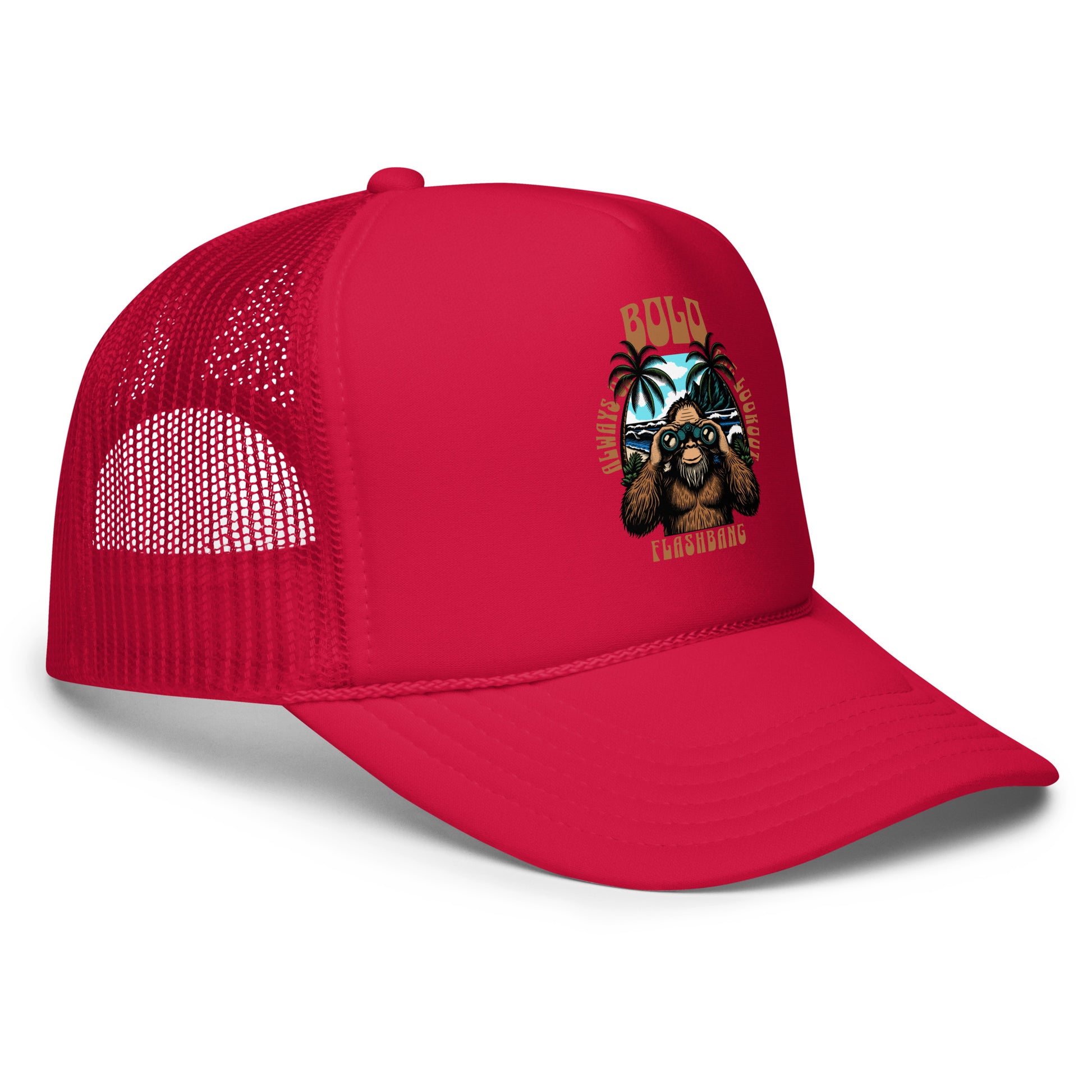 Red mesh cap with a dog graphic and text on a white background