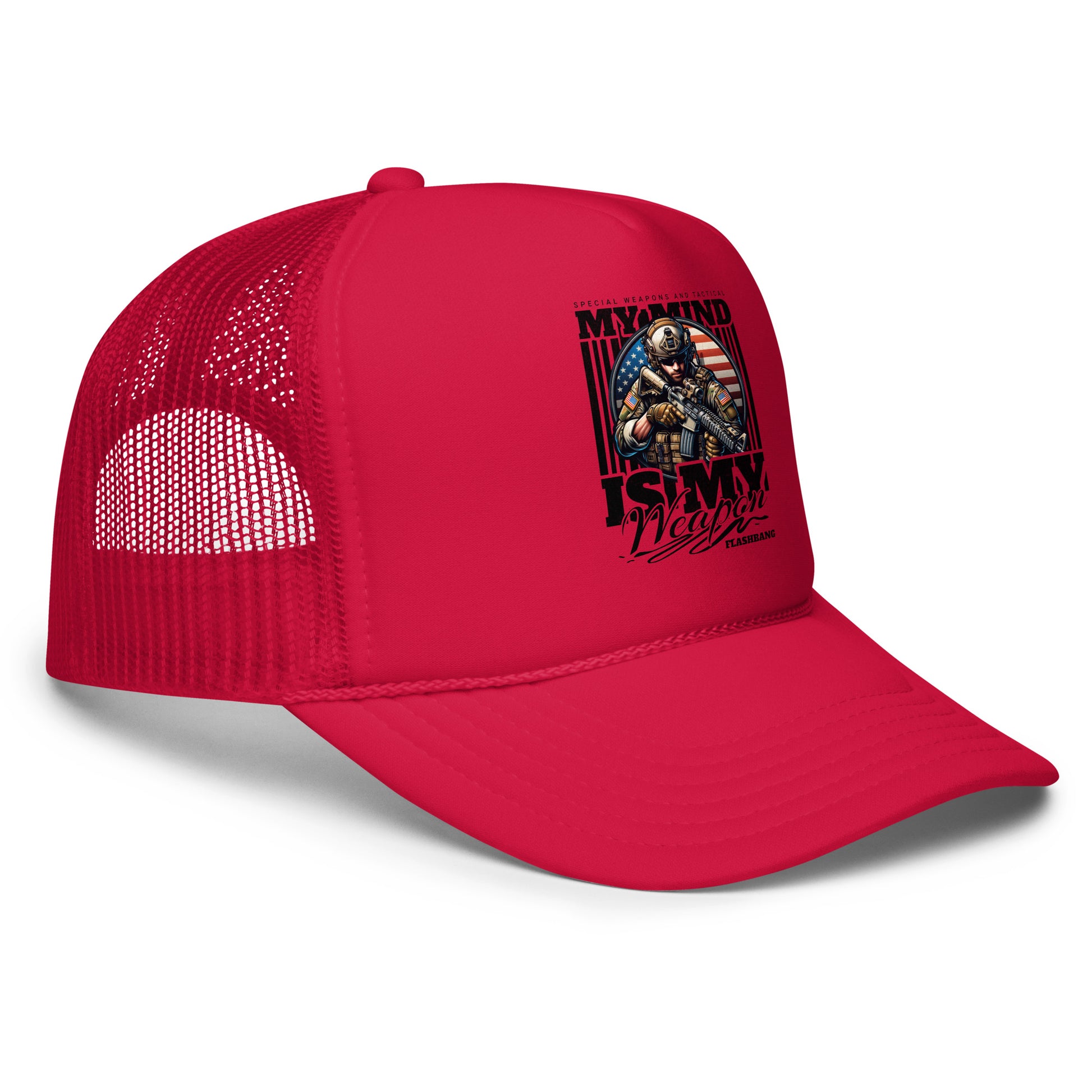 Red trucker cap with graphic design on a white background