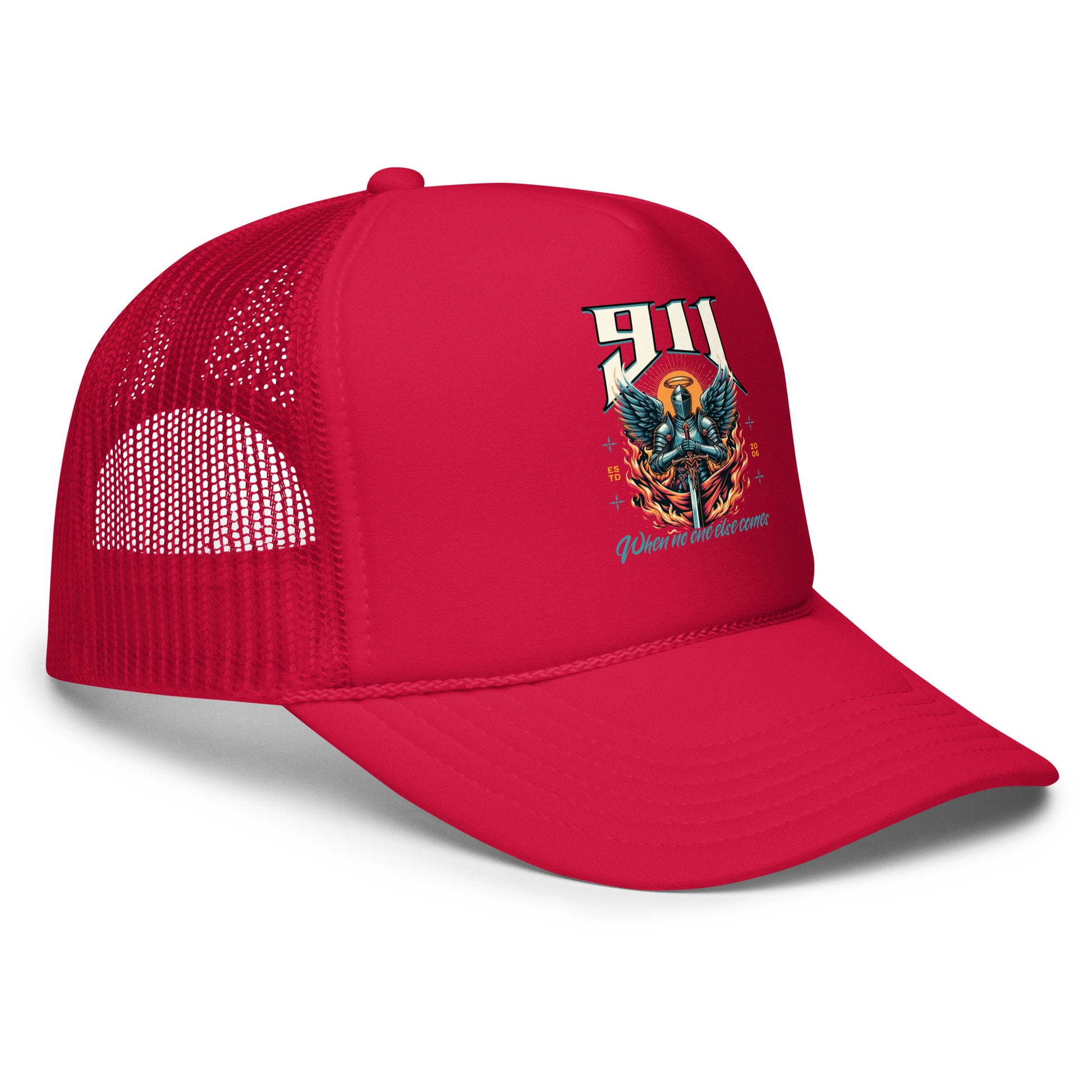 Red trucker cap with a graphic design on a white background