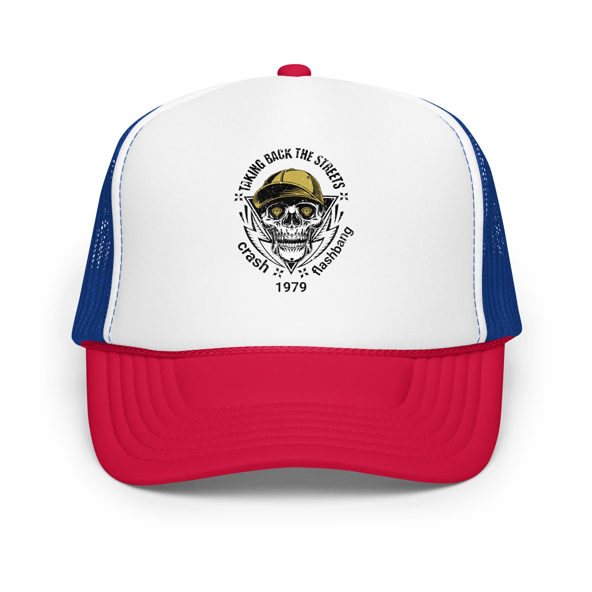 Trucker hat with skull design and text on a white background