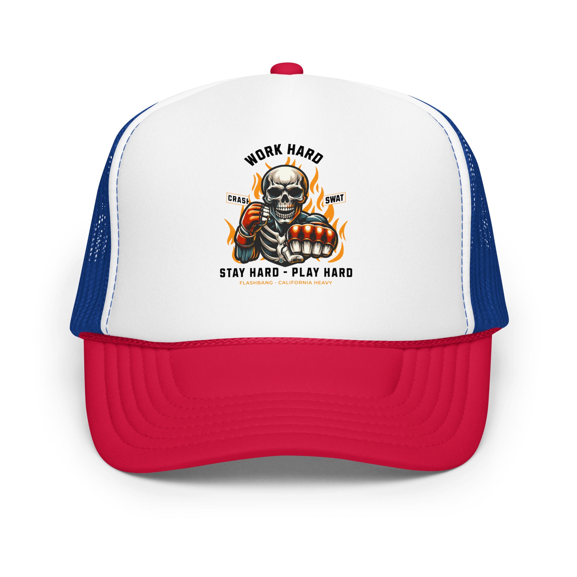 Trucker hat with a skeleton design and motivational text on a white background