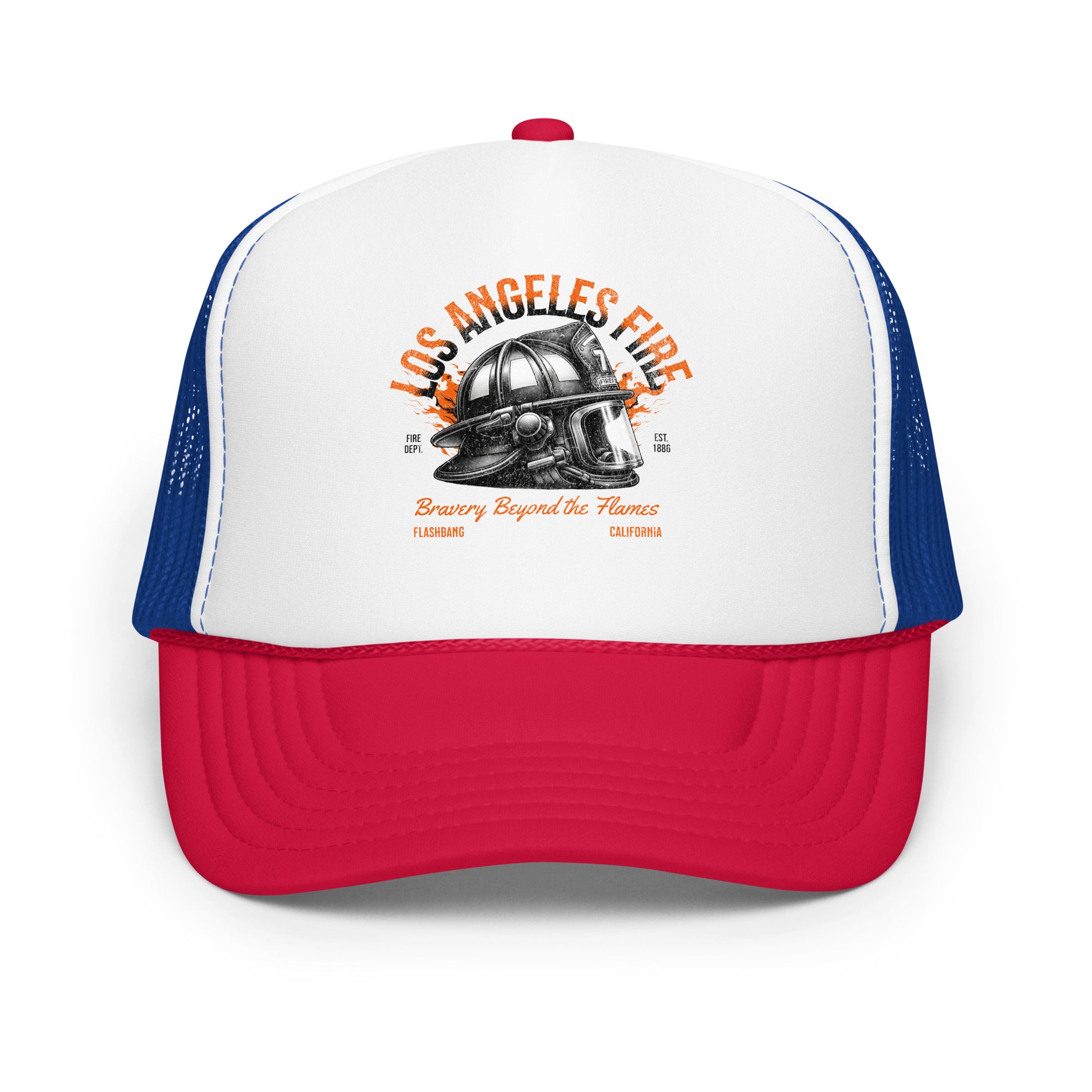 Trucker hat with 'Los Angeles Fire' design on a white background