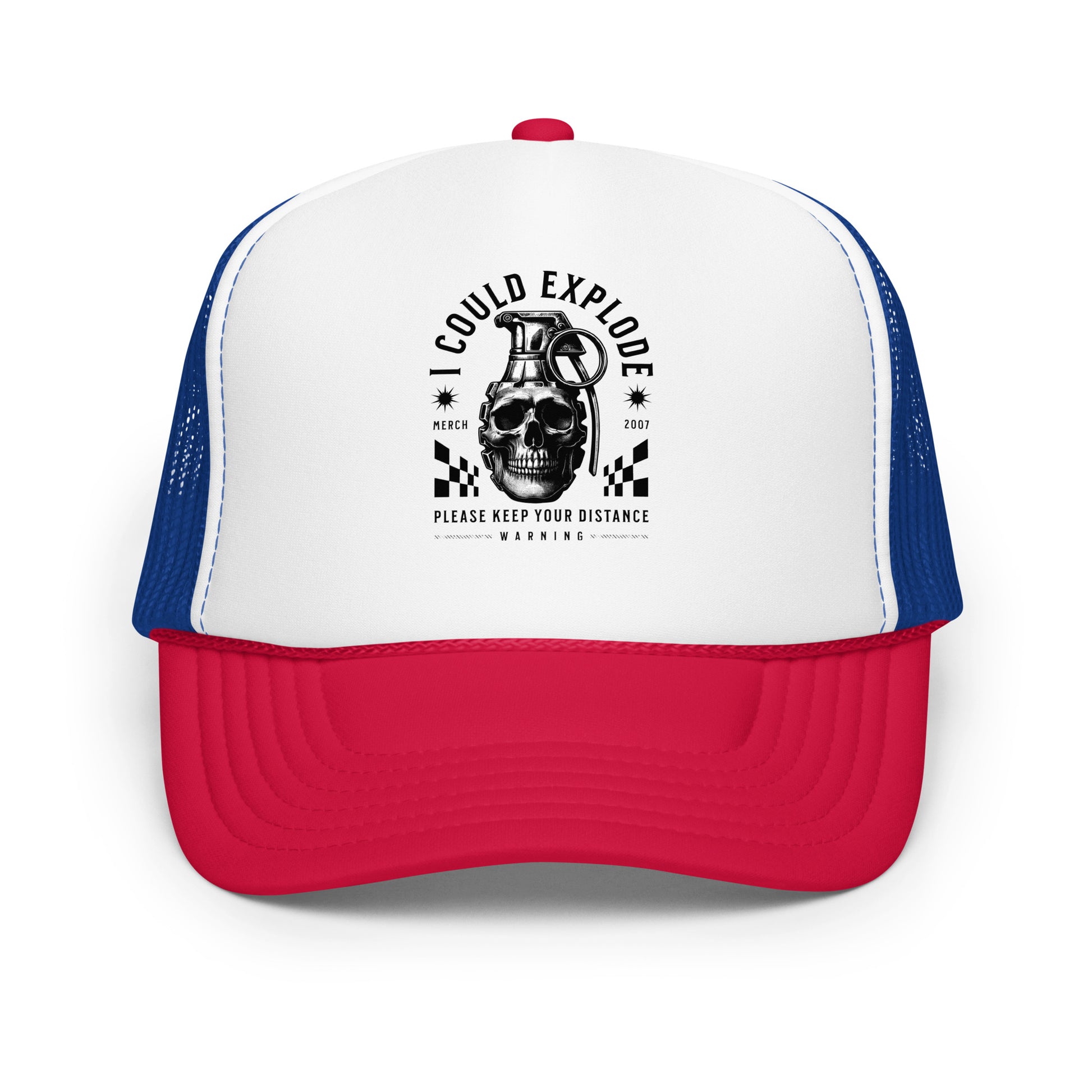 Trucker hat with skull and grenade graphic on a white background