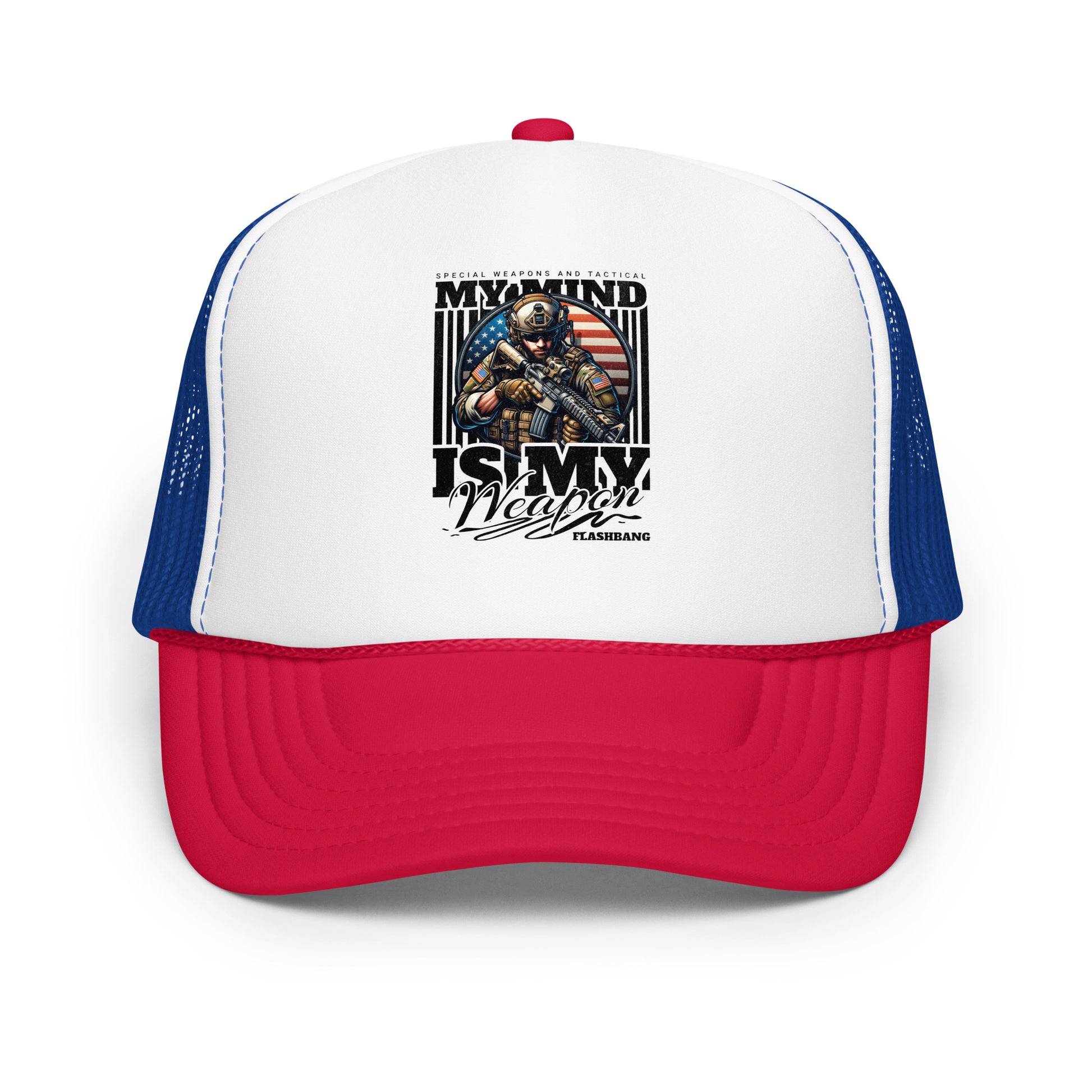 Trucker hat with graphic design and text on a white background