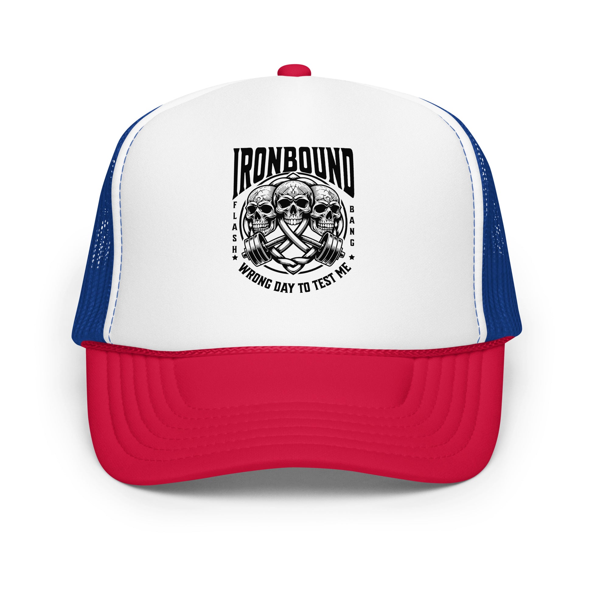 Trucker hat with red and blue bill and 'Ironbound' logo on a white background