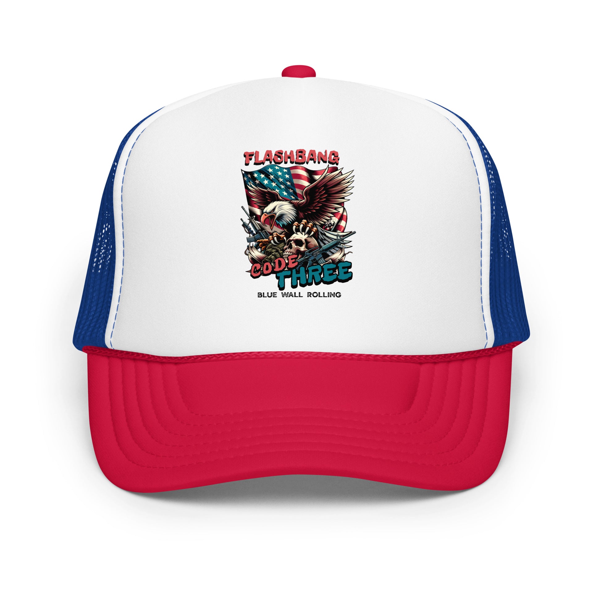 Trucker hat with graphic design featuring an eagle and text on a white background