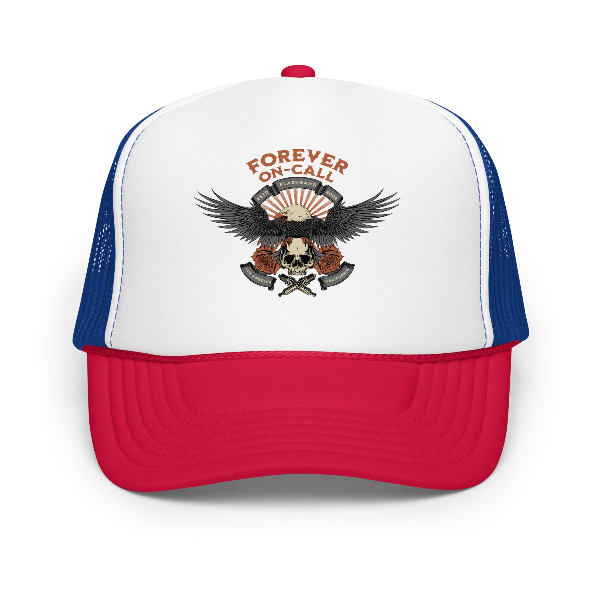 Trucker hat with eagle and skull design on a white background