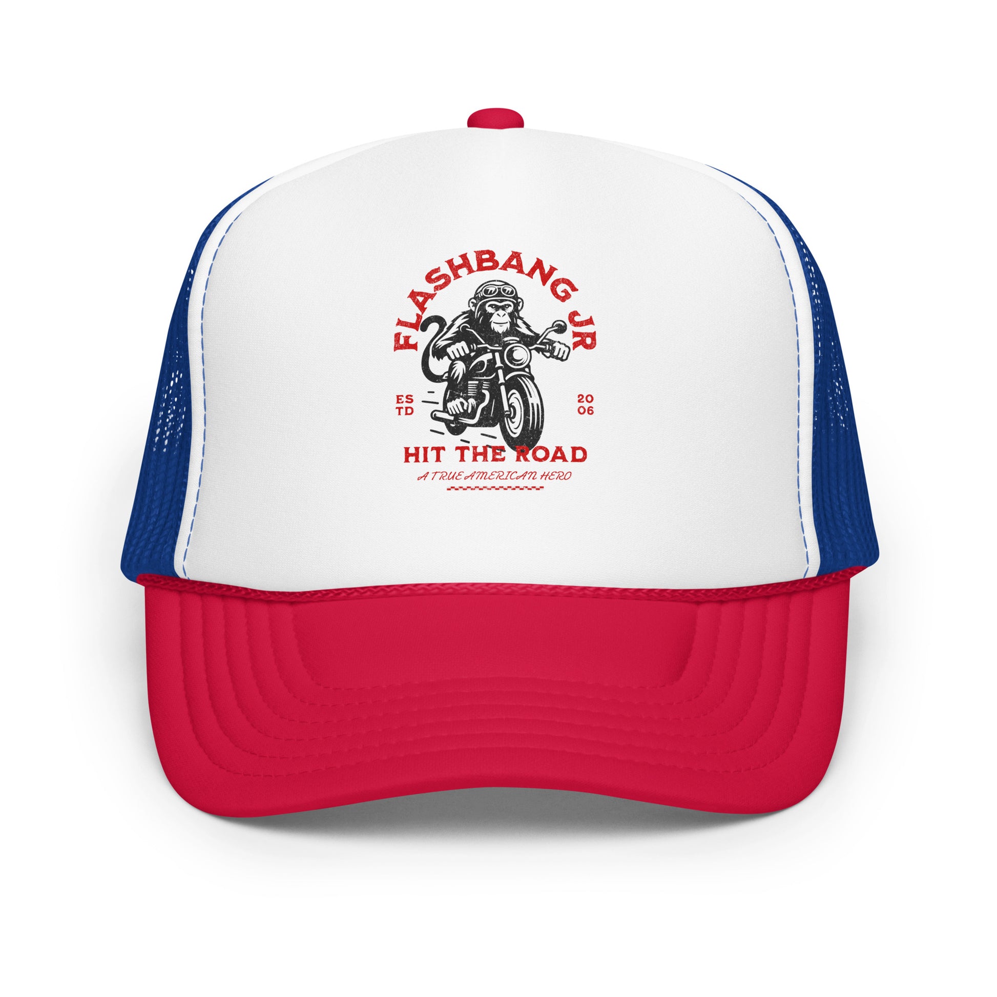 Trucker hat with 'Flashbang Jr' graphic design on a white background