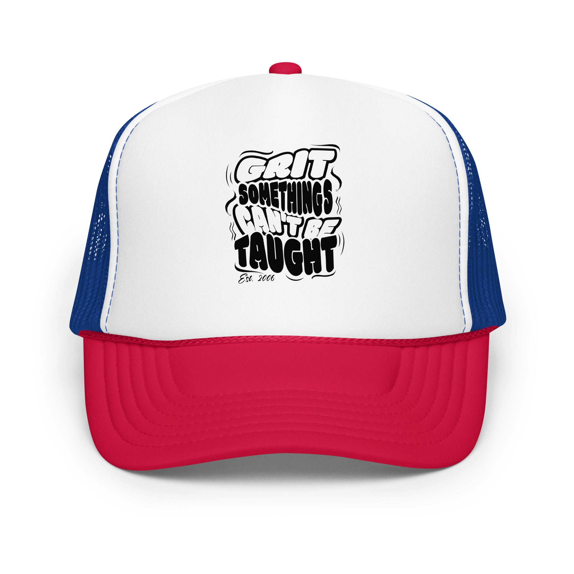 Trucker hat with red brim, white mesh back, and blue side panel featuring motivational quote.