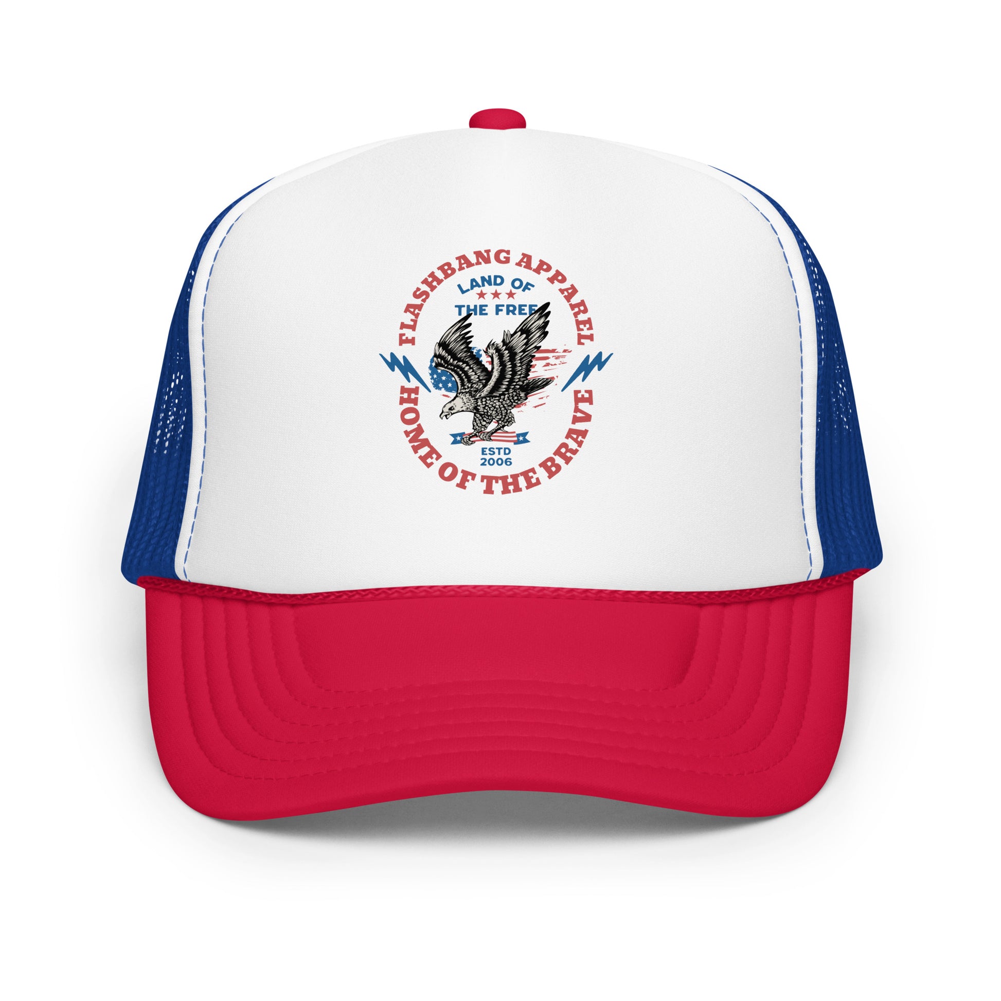 Trucker hat with red, white, and blue design featuring an eagle and text on a white background