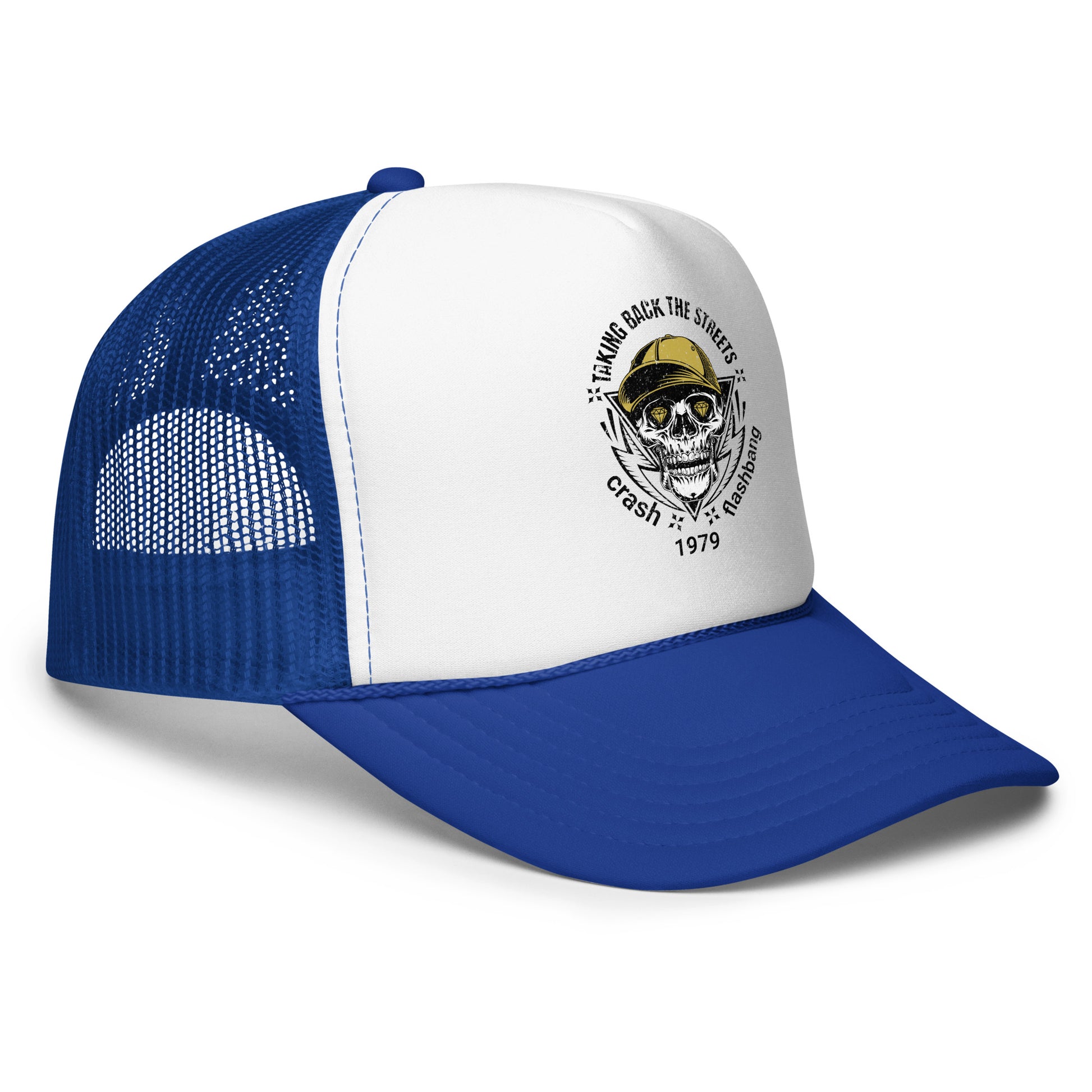 Blue and white trucker hat with skull and crossbones design on a white background