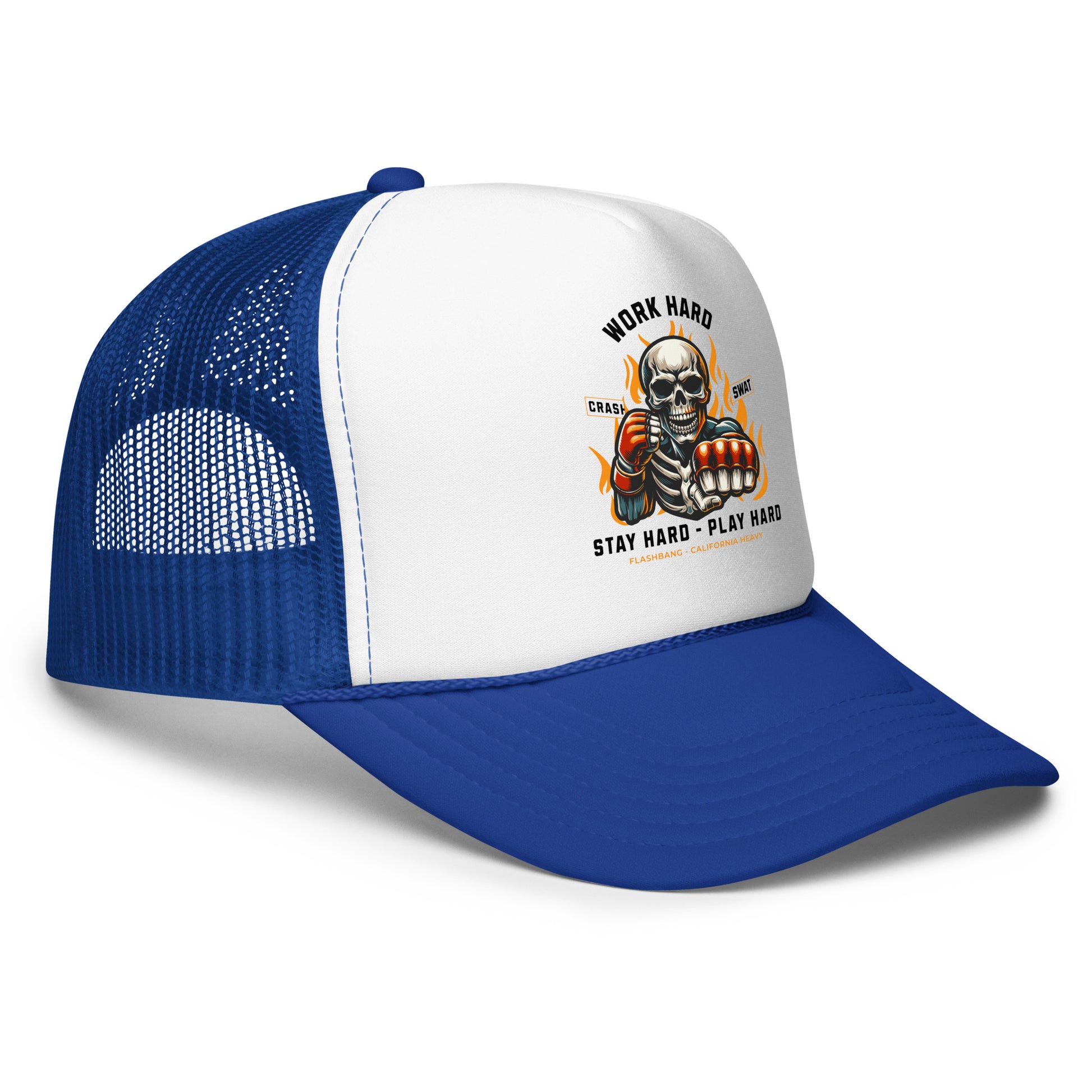 Blue and white trucker hat with a skull graphic and text on a white background