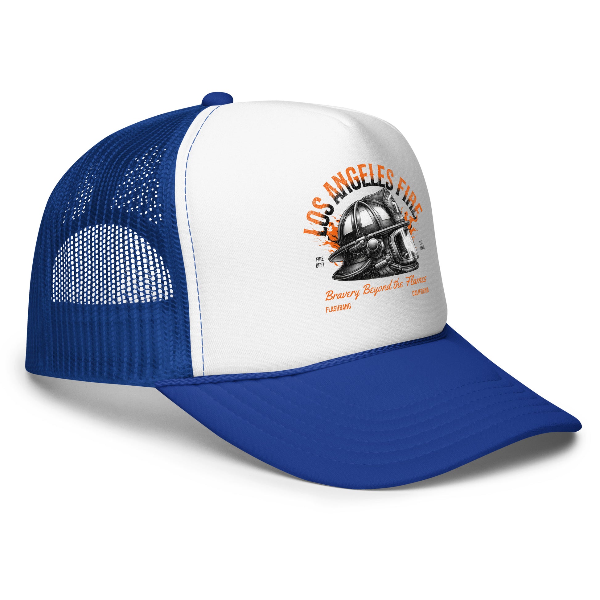 Blue and white trucker hat with 'Los Angeles Fire' design on a white background