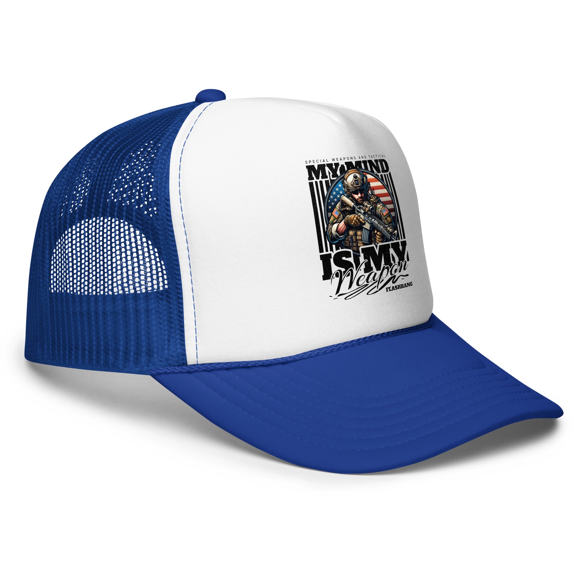 Blue and white trucker hat with graphic design on a white background