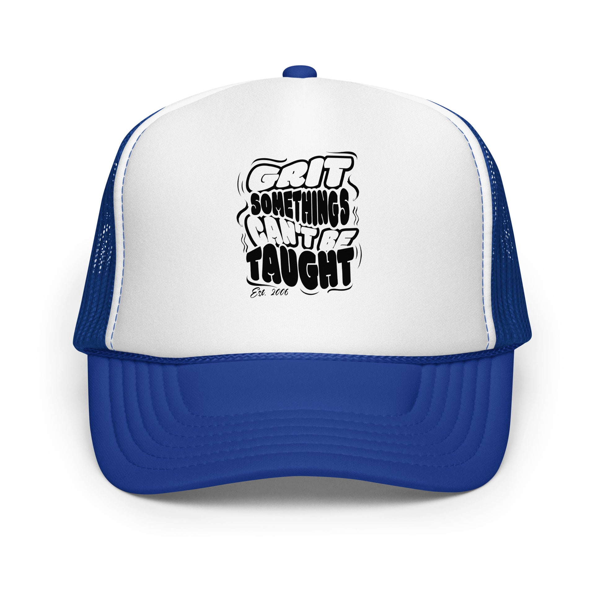 Blue and white trucker hat with motivational quote on a white background
