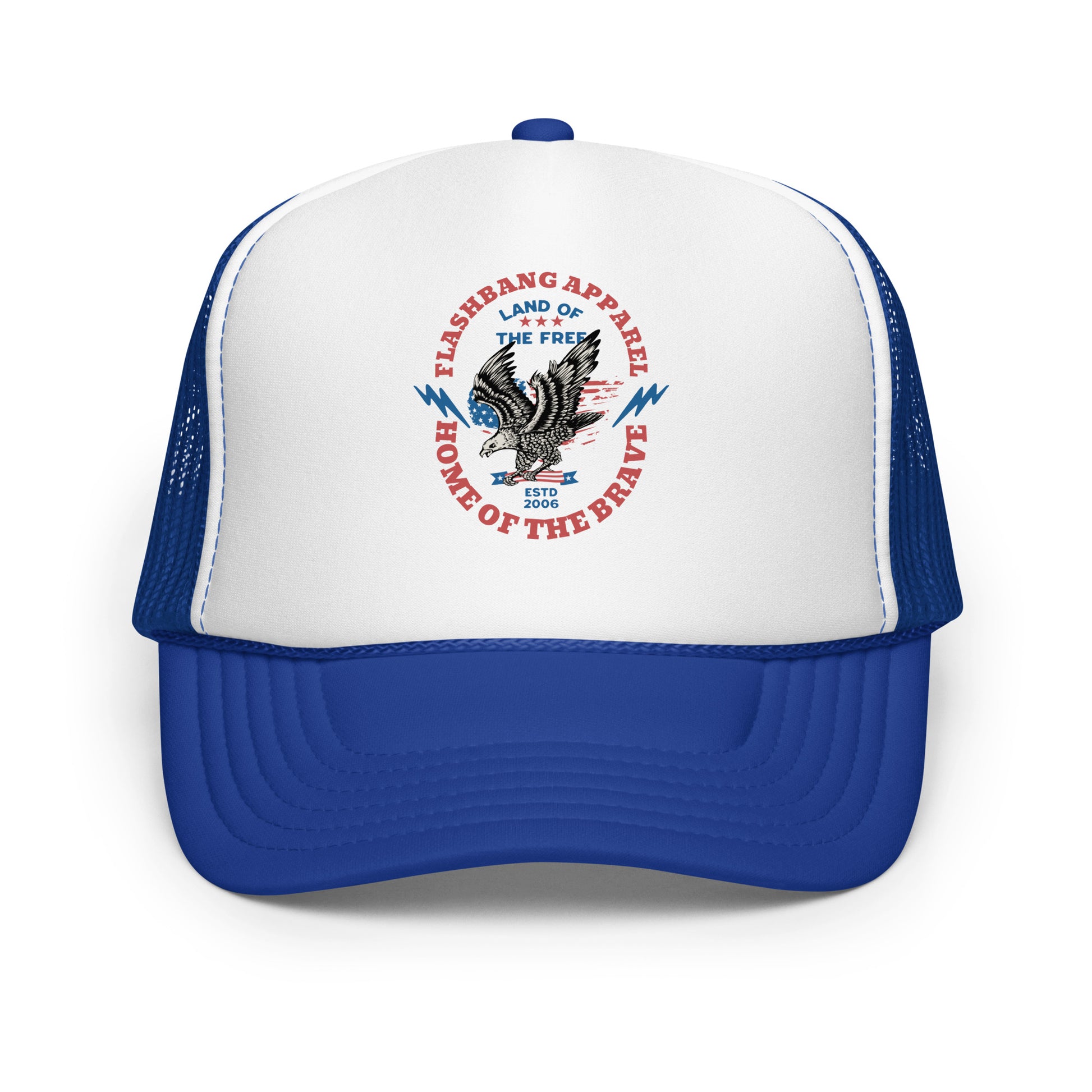 Blue and white trucker hat with a graphic design on a white background