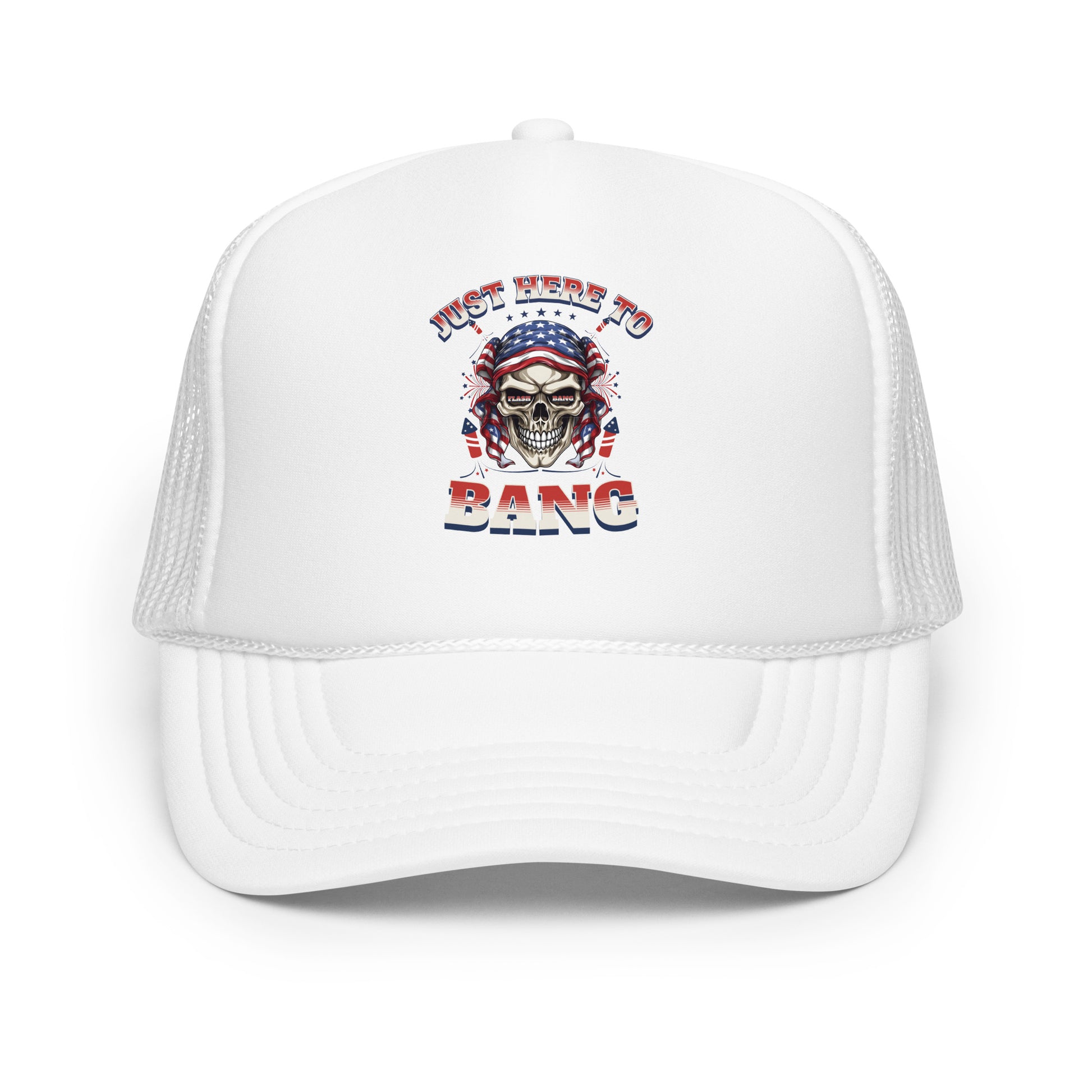 White trucker cap with skull and text design on a white background