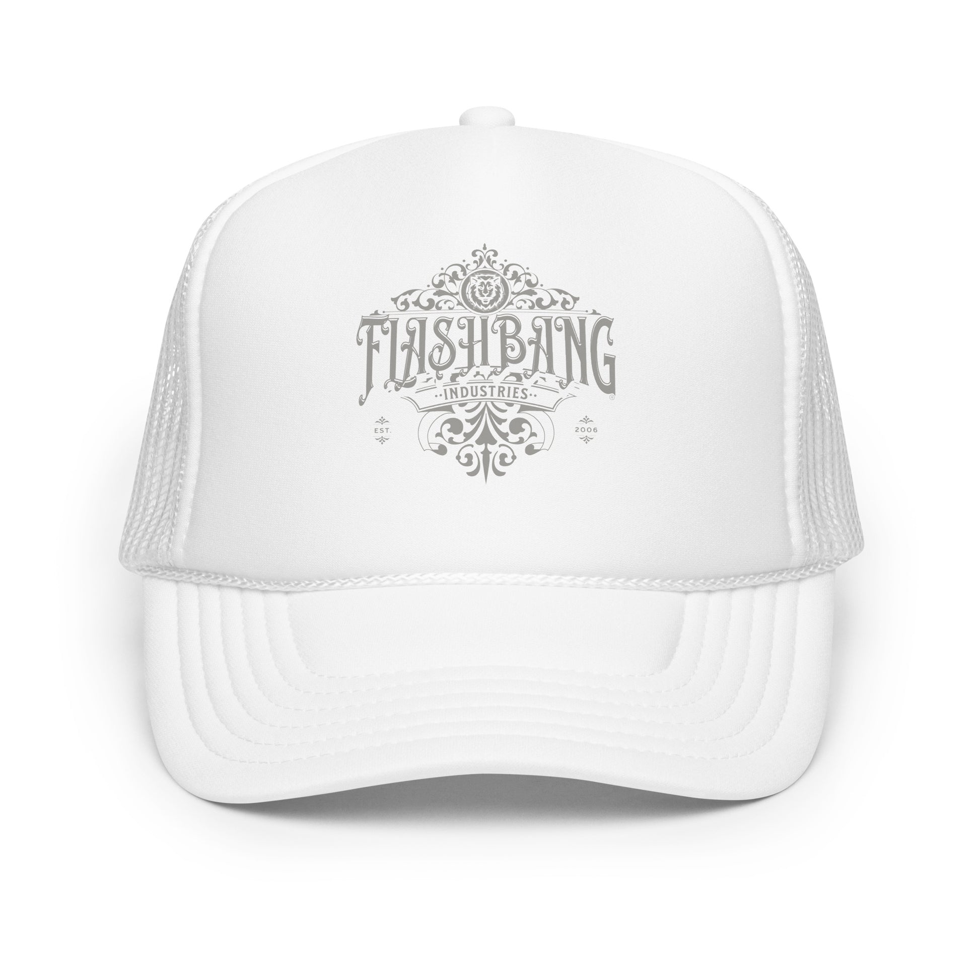 White trucker cap with decorative text on a white background