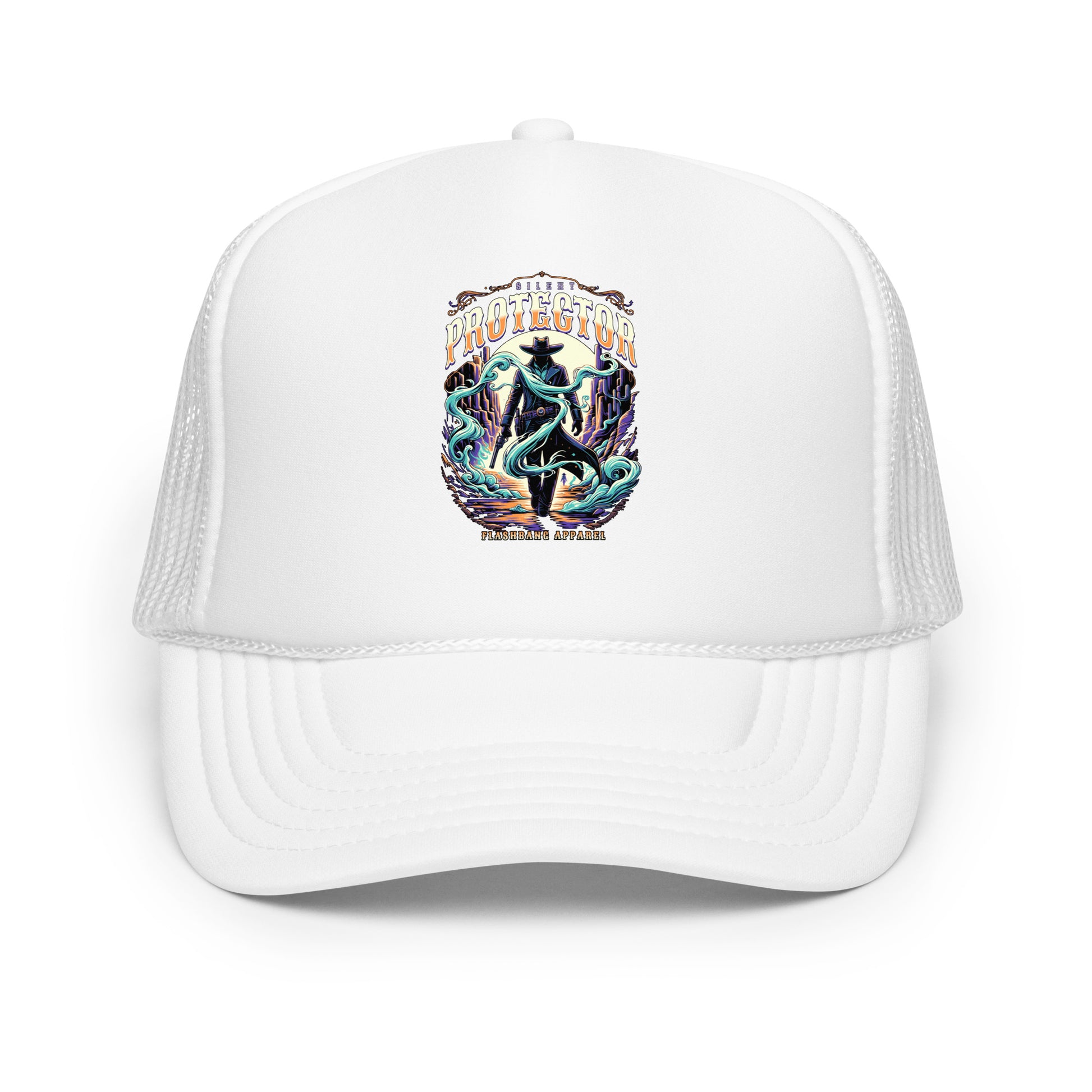 White trucker cap with colorful graphic design on a white background