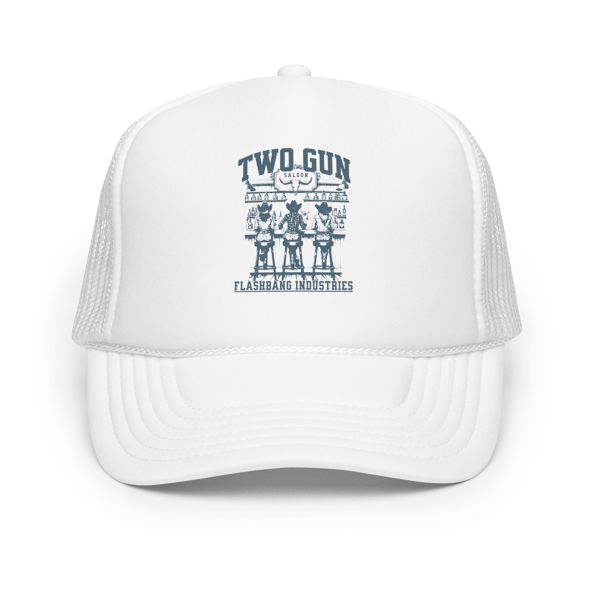 White trucker cap with 'Two Gun Flashbang Industries' logo on a white background
