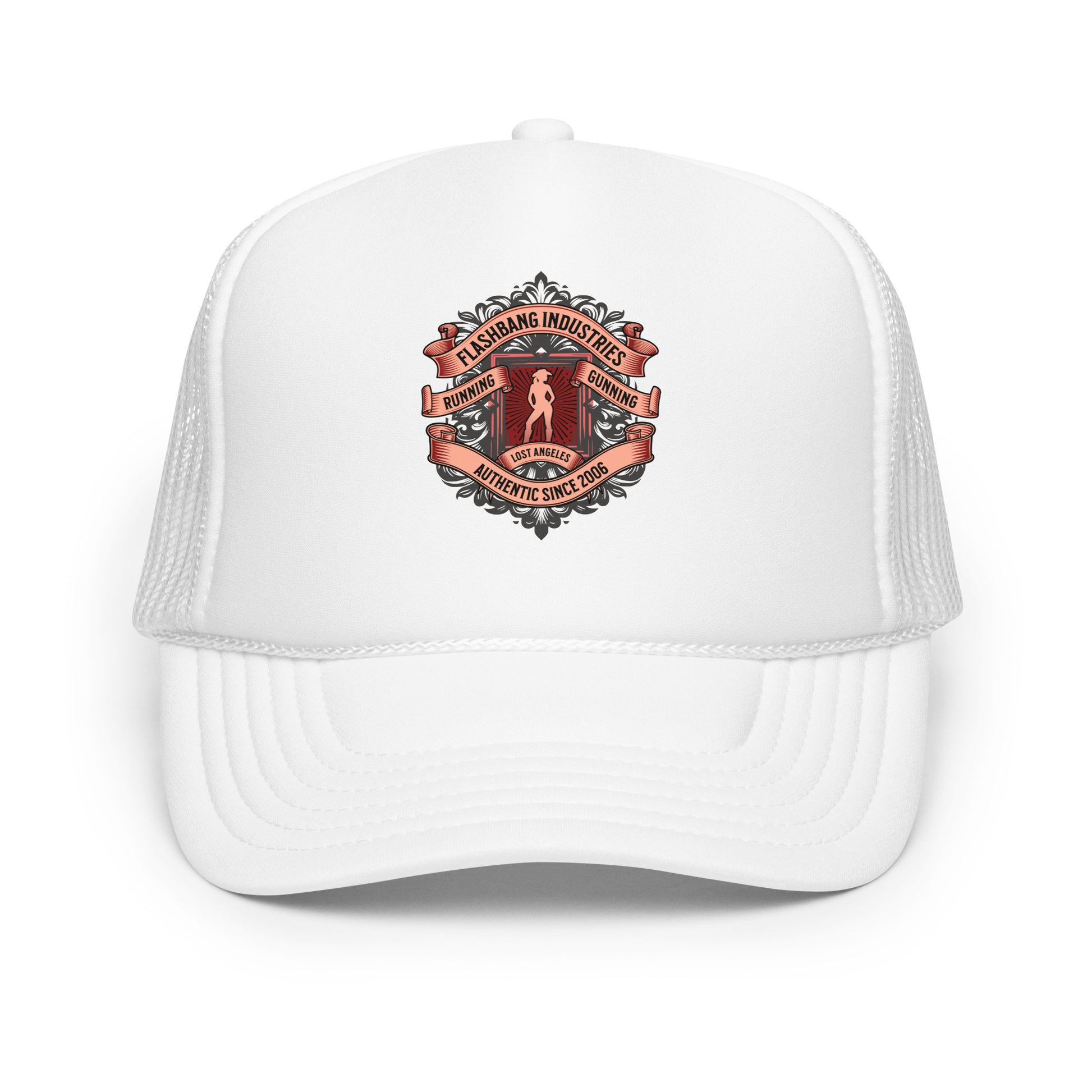 White trucker cap with a logo on a white background