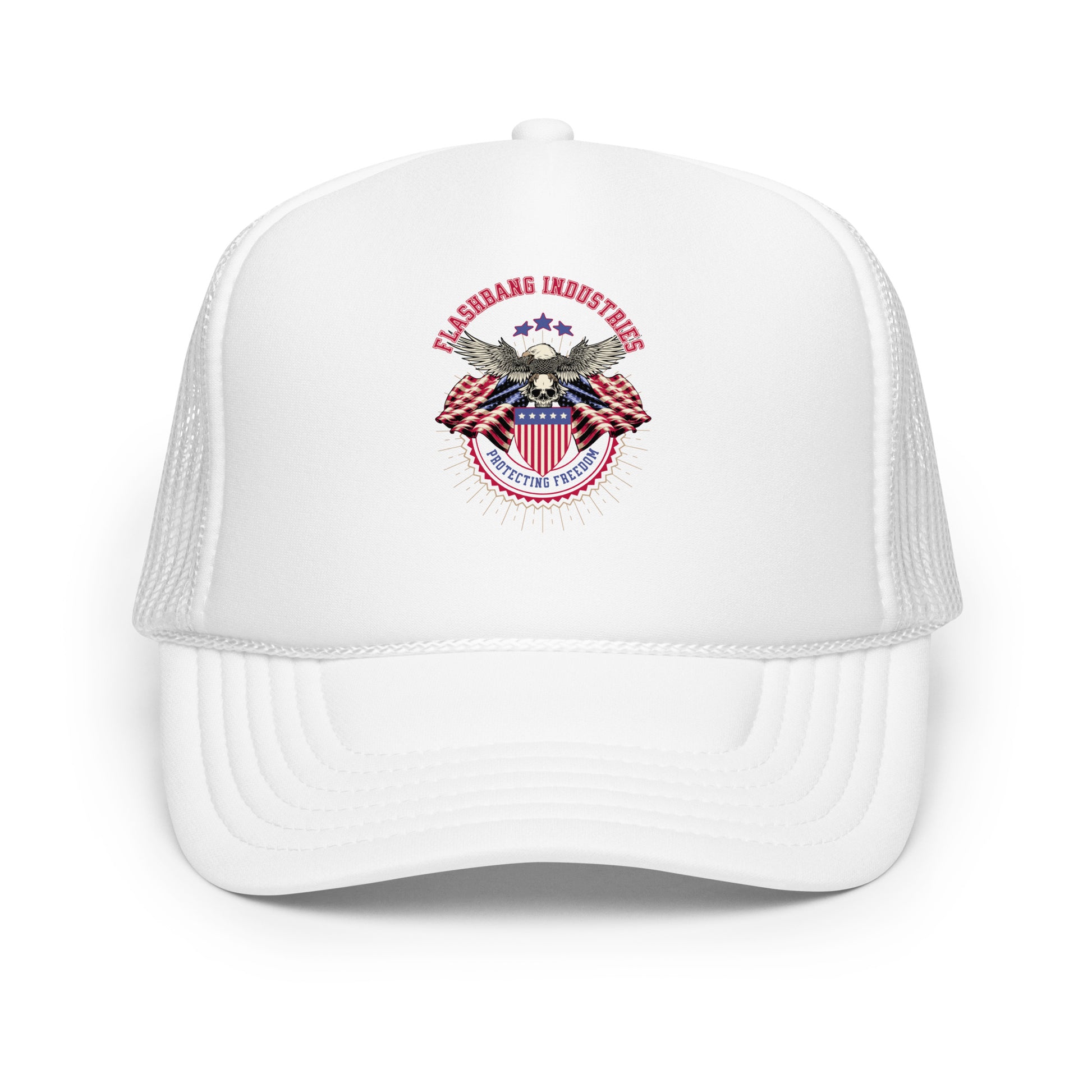 White cap with a red, white, and blue logo on a white background