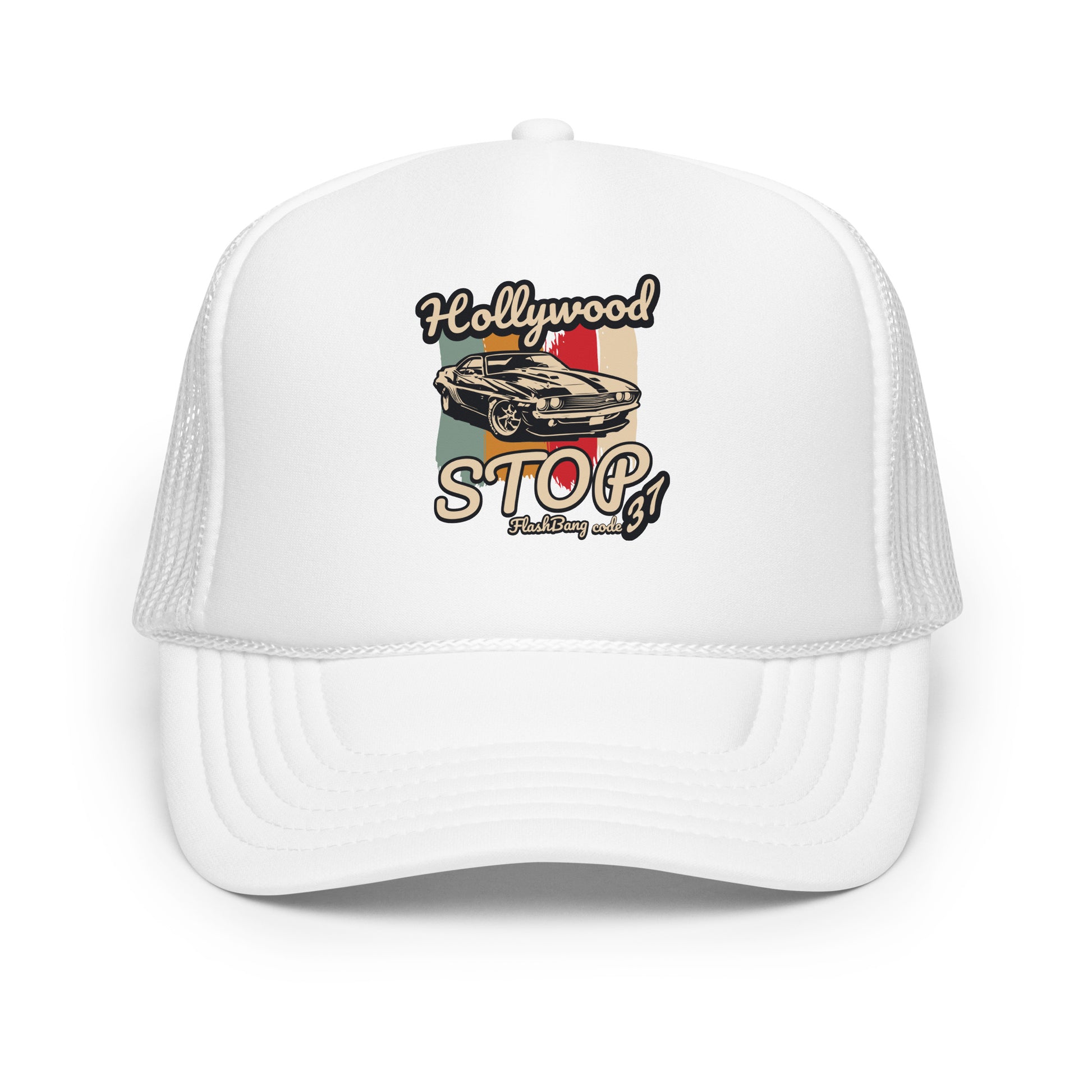 White trucker cap with 'Hollywood Stop' graphic on a white background