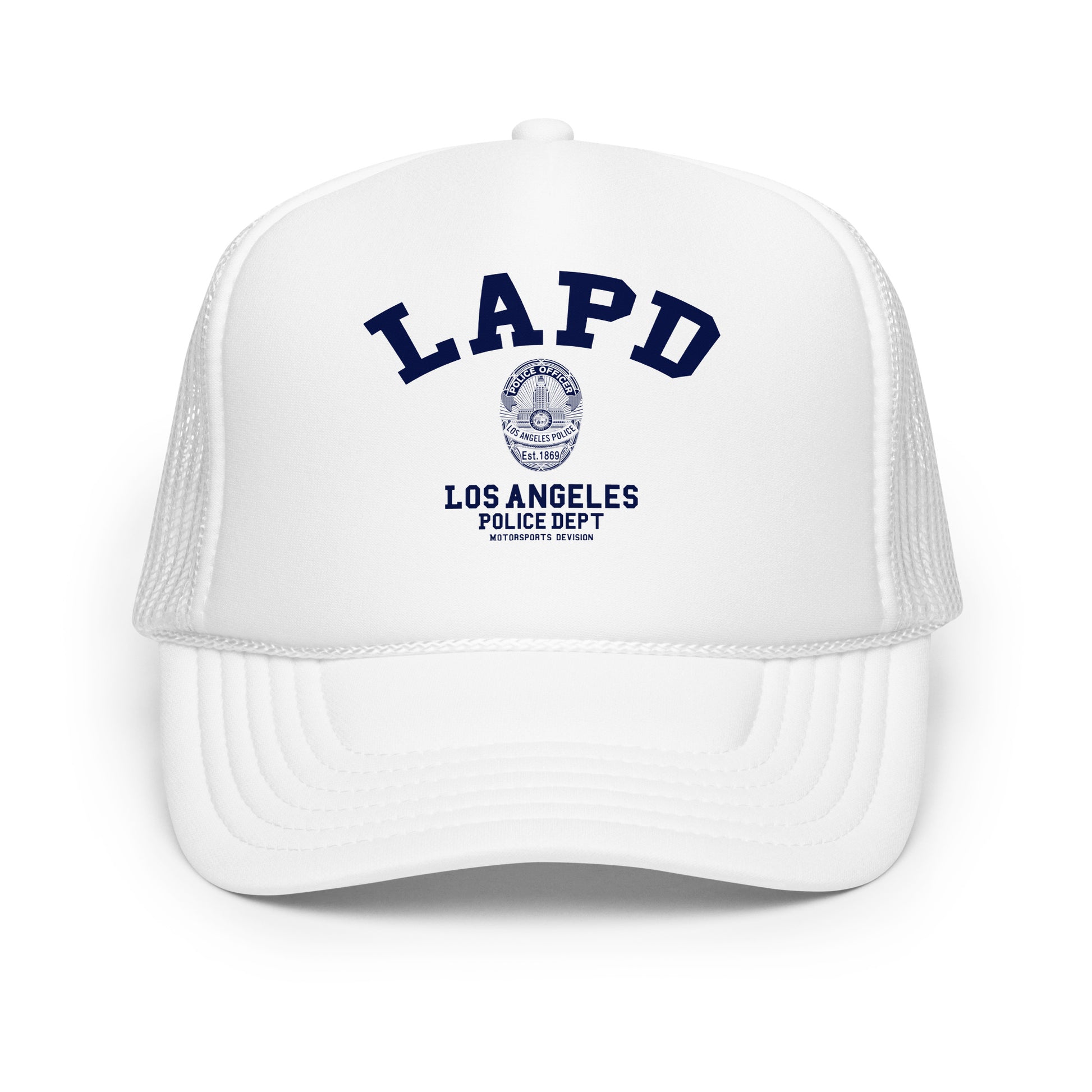 White trucker cap with LAPD Los Angeles Police Dept logo on a white background
