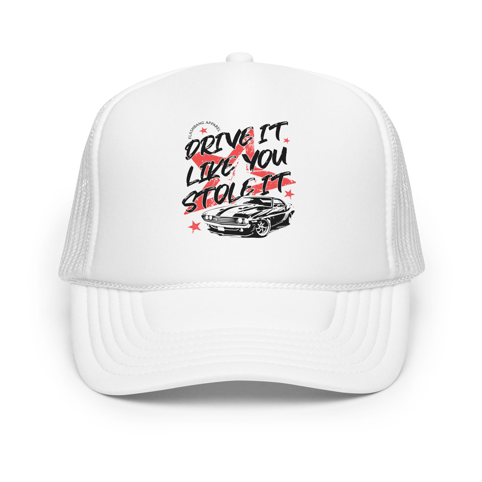 White trucker cap with graphic design and text on a white background
